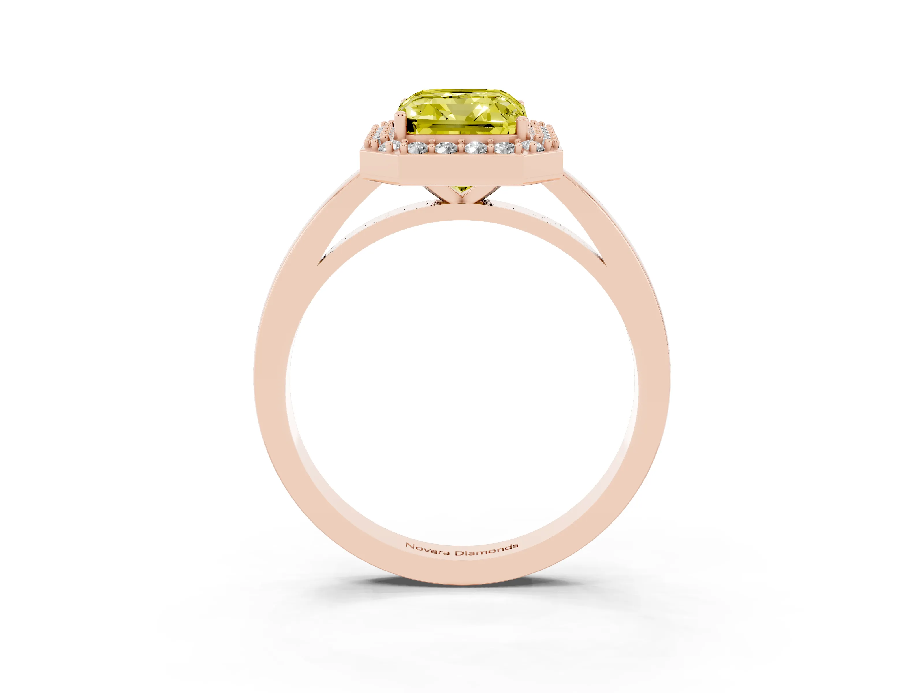 Fancy Yellow Radiant Cut Diamond Halo Ring Set in Rose gold with Solitaire Band and Prong Setting