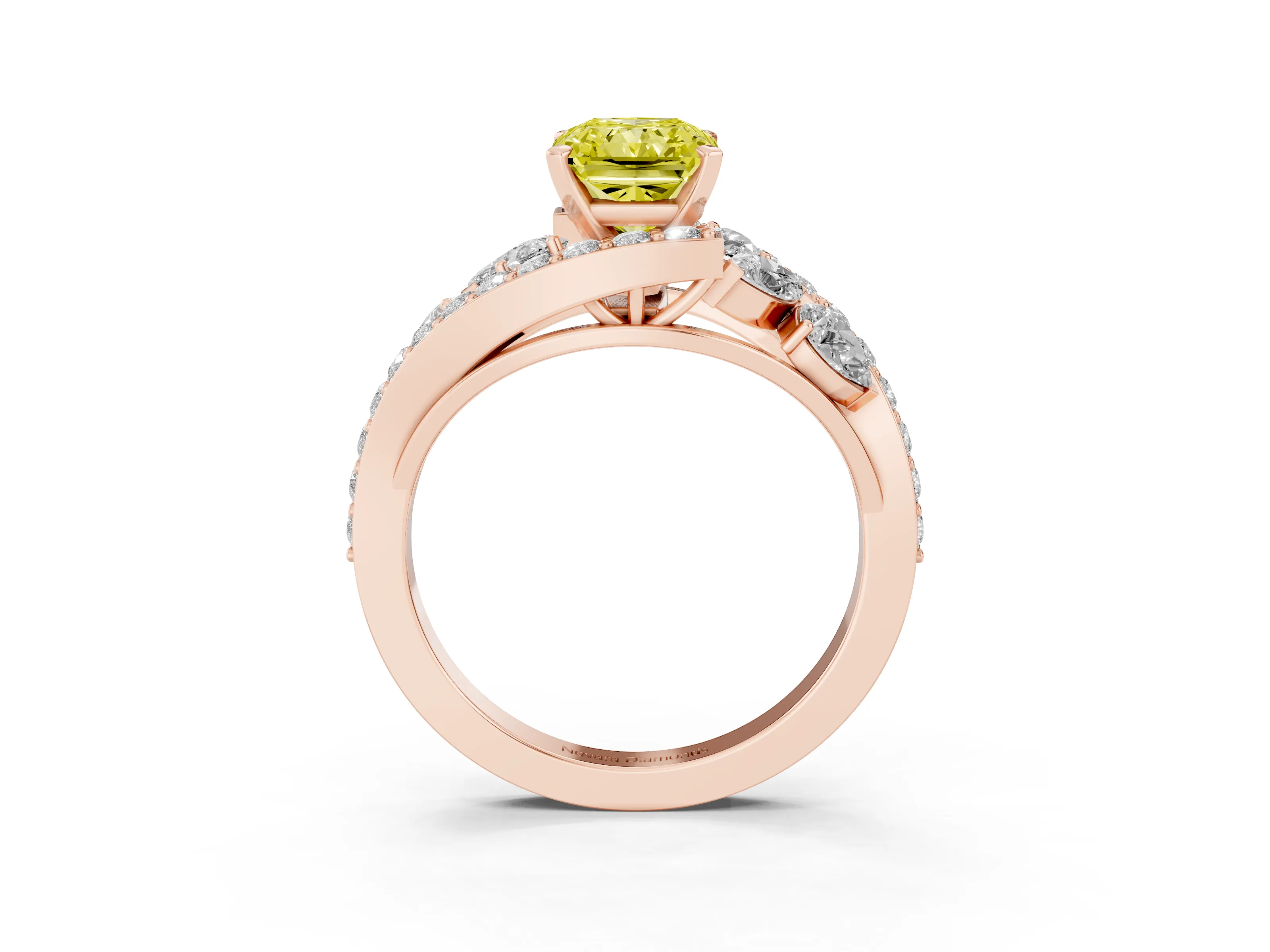 Fancy Yellow Radiant Cut Diamond Halo Ring Set in Rose gold with Marquise and Pavé Band in Prong Setting