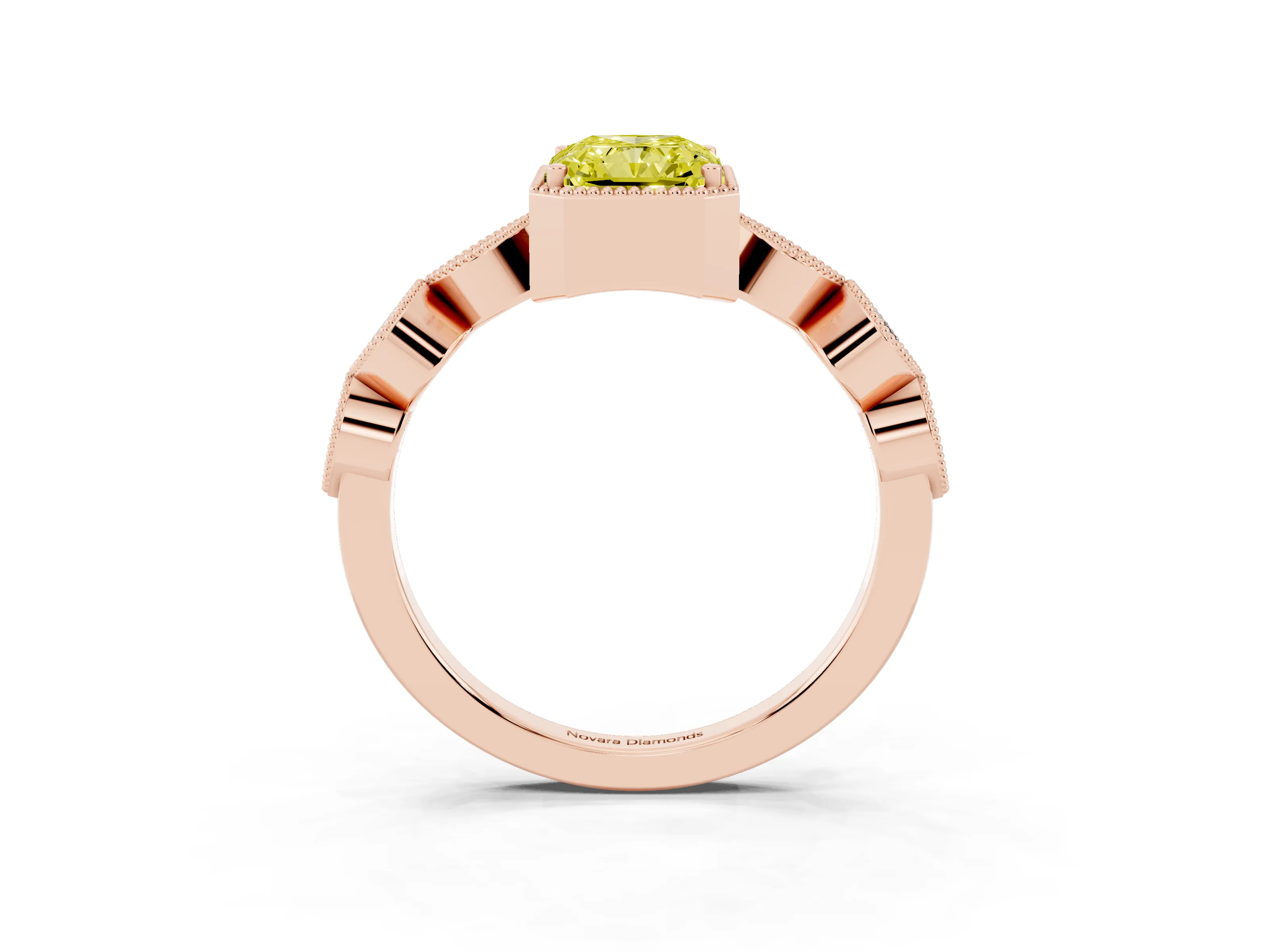 Fancy Yellow Radiant Cut Diamond Vintage-Inspired Milgrain Ring Set in Rose gold with Marquise Stations of Round Accents