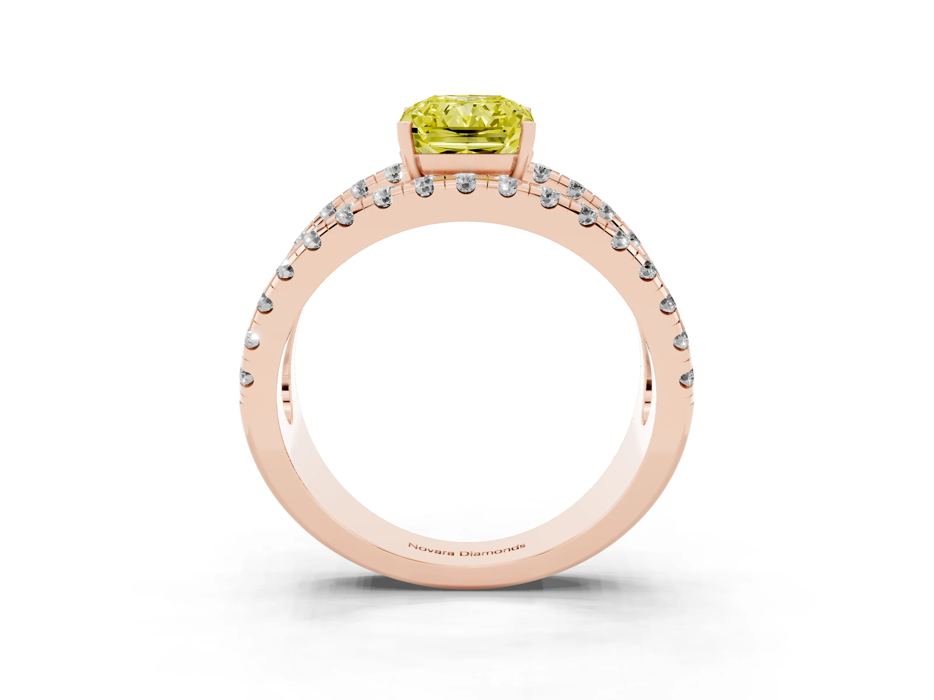 Fancy Yellow Radiant Cut Diamond Split Shank Pavé Solitaire Ring Set in Rose gold with Open Shank Design
