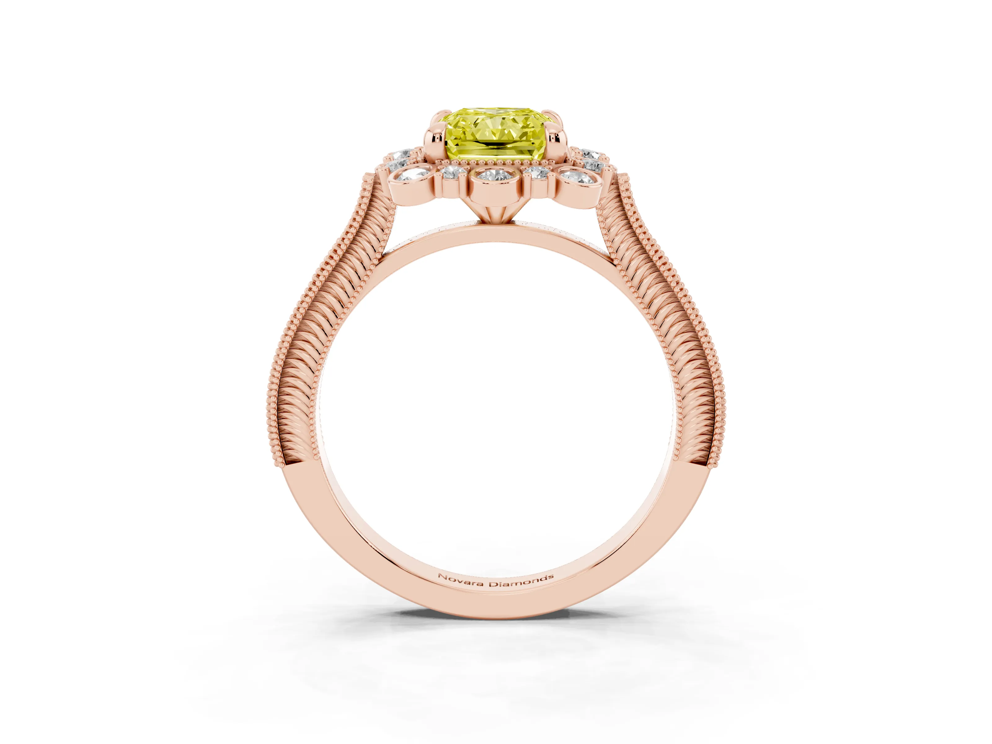 Fancy Yellow Radiant Cut Diamond Halo Milgrain Pavé Ring Set in Rose gold with Prong Setting