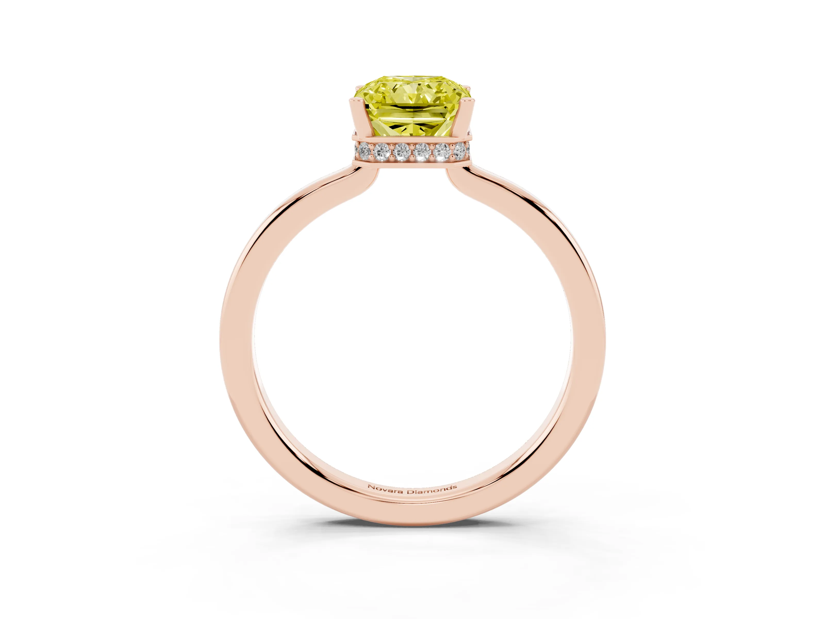 Fancy Yellow Radiant Cut Diamond Solitaire Engagement Ring Set in Rose gold with Prong Setting on a Plain Band