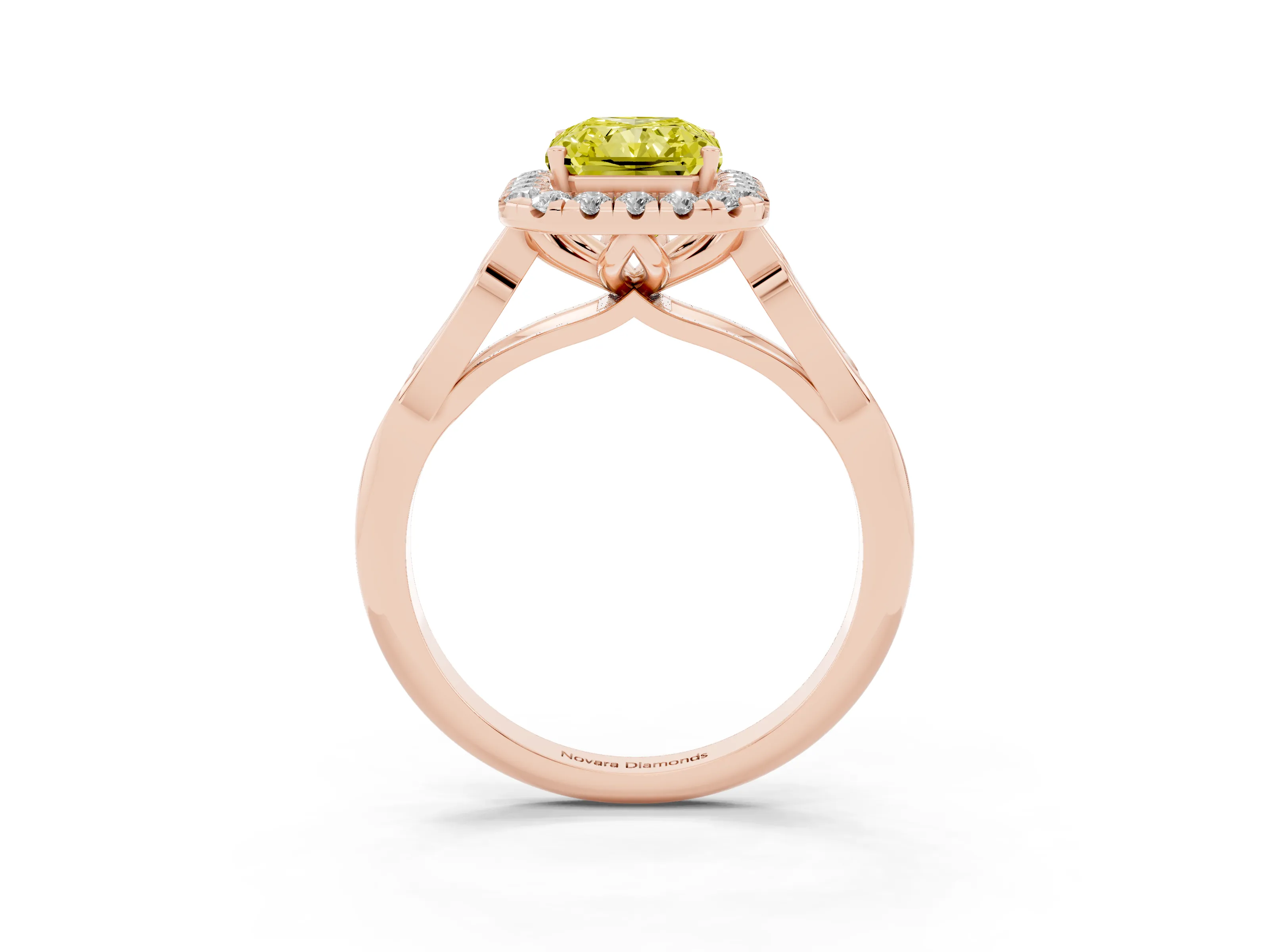 Fancy Yellow Radiant Cut Diamond Halo Engagement Ring Set in Rose gold with Filigree Band and Prong-Set Center