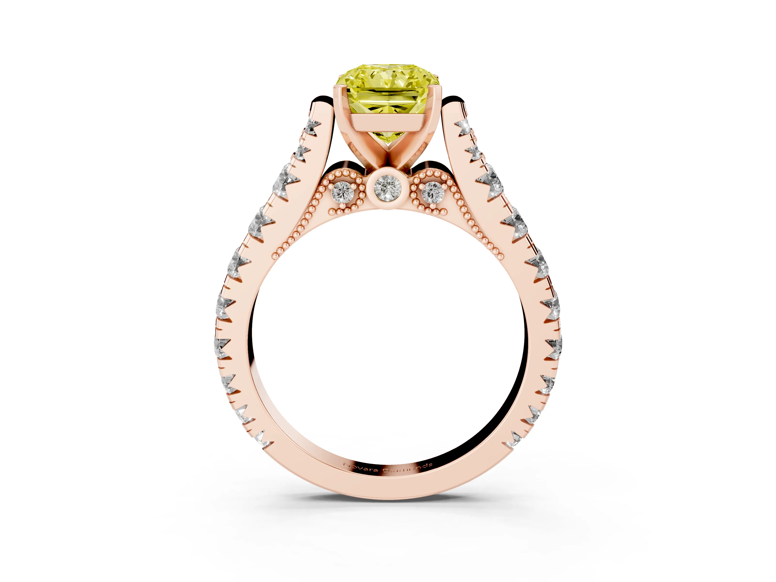 Fancy Yellow Radiant Cut Diamond Classic Solitaire Ring Set in Rose gold with Pavé Band and Prong Setting