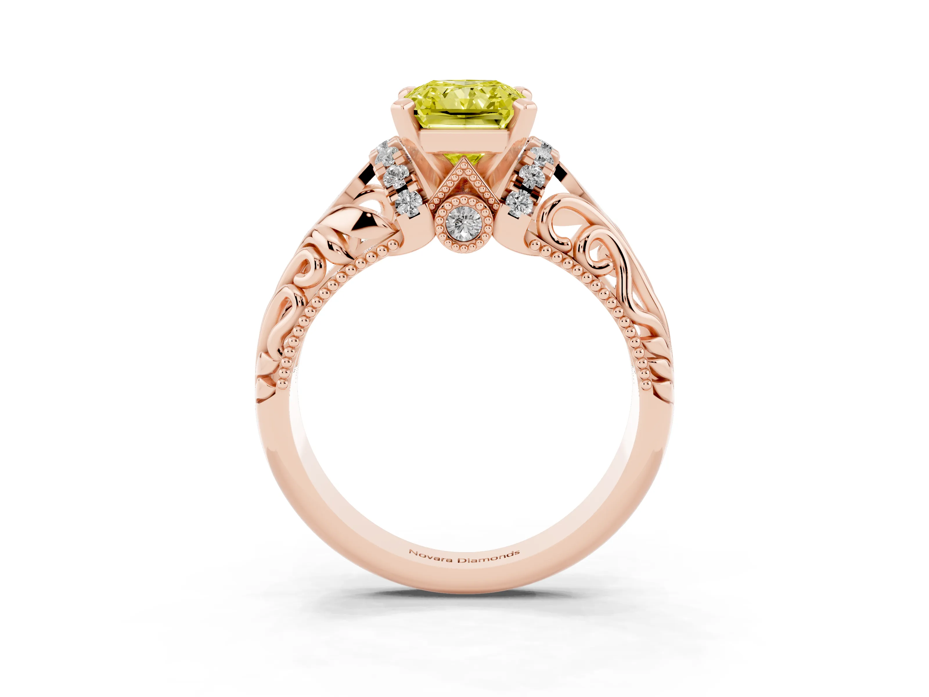 Fancy Yellow Radiant Cut Diamond Filigree Halo Engagement Ring Set in Rose gold with Prong Setting