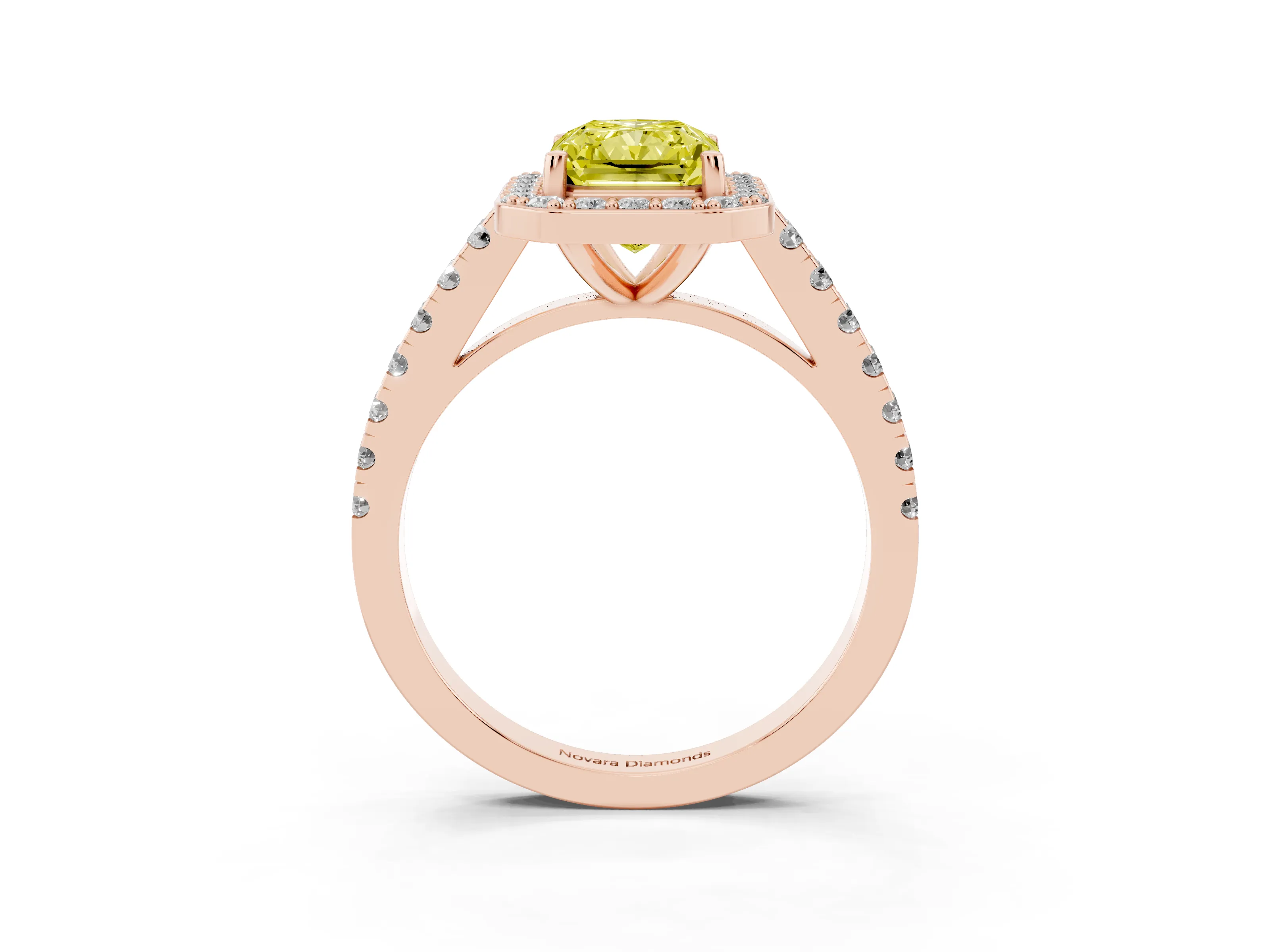 Fancy Yellow Radiant Cut Diamond Halo Ring Set in Rose gold with Round Pavé Split Shank and Prong Setting