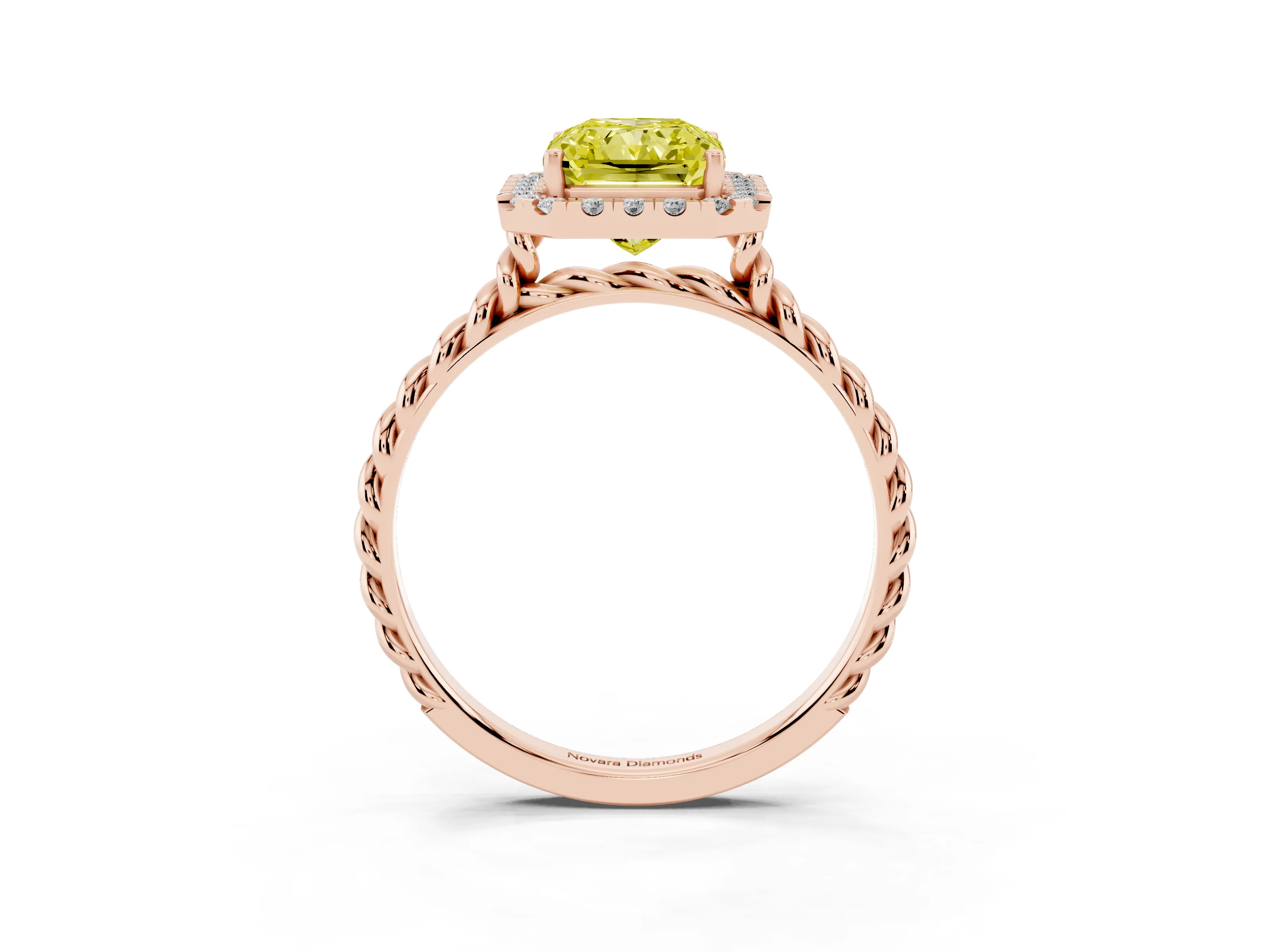 Fancy Yellow Radiant Cut Diamond Halo Ring Set in Rose gold with Plain Twisted Band