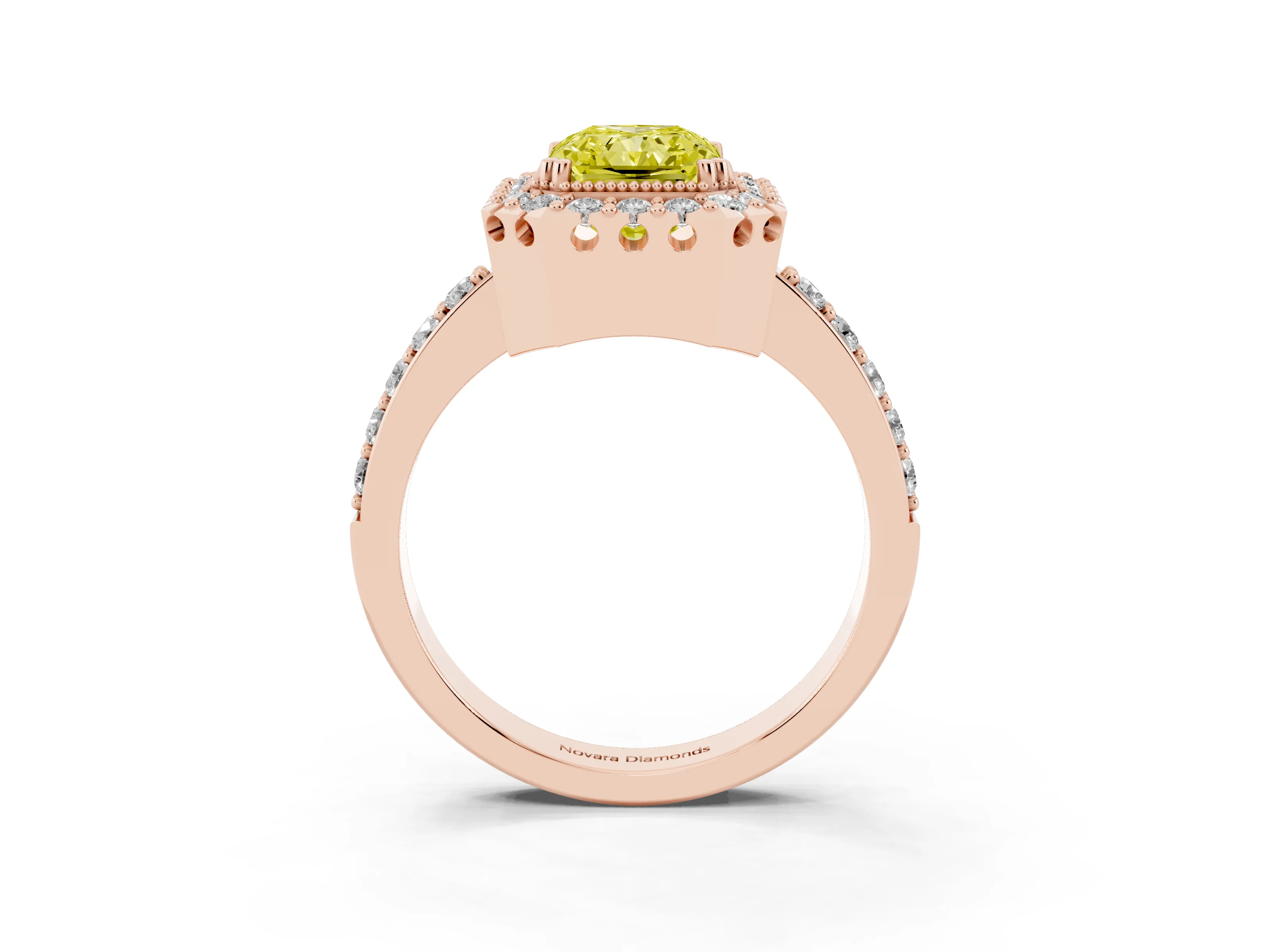 Fancy Yellow Radiant Cut Diamond Halo Ring Set in Rose gold with Pavé Shank and Prong Setting