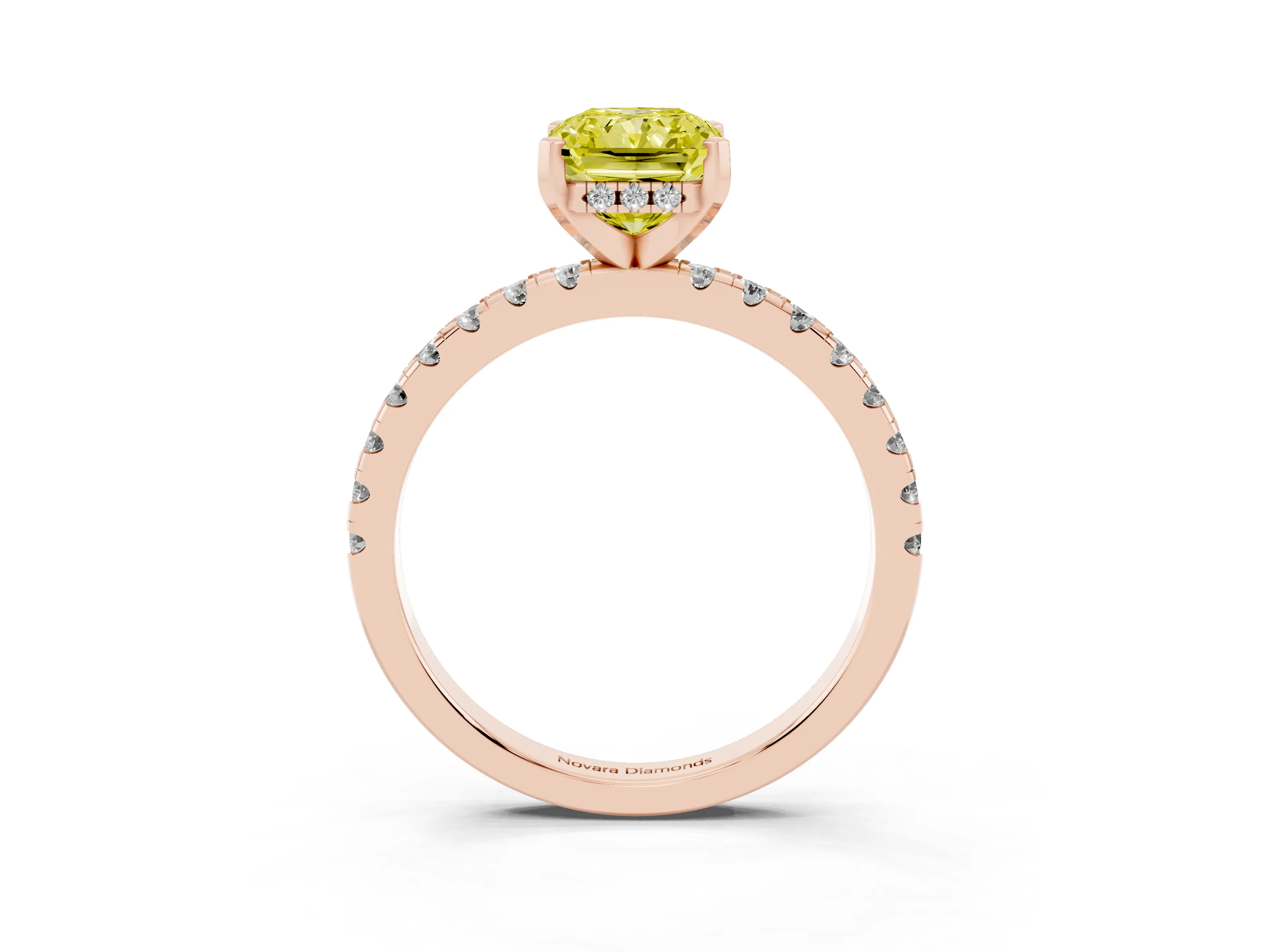 Fancy Yellow Radiant Cut Diamond Pavé Solitaire Ring Set in Rose gold with Round Band Accents and Prong Setting