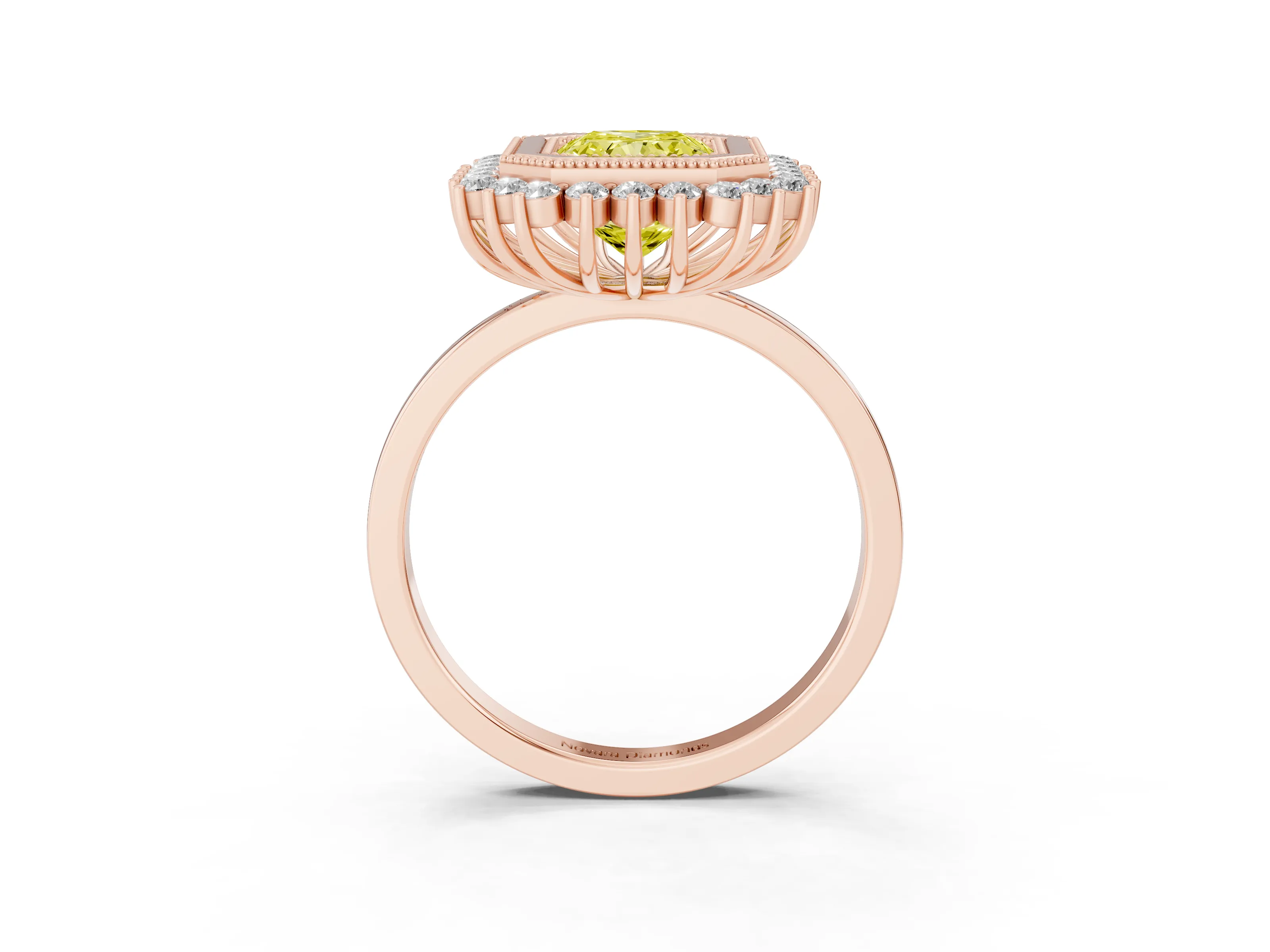 Fancy Yellow Radiant Cut Diamond Halo Ring Set in Rose gold with Milgrain Edge and Round Prong Setting