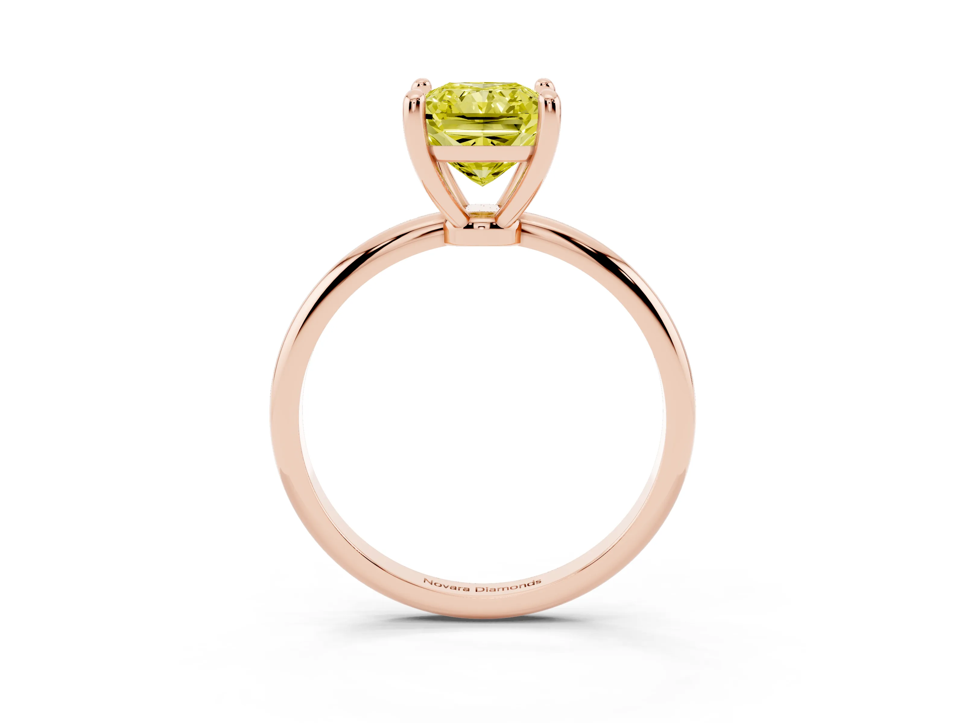 Fancy Yellow Radiant Cut Diamond Solitaire Ring Set in Rose gold with Secure Prong Setting on a Classic Band