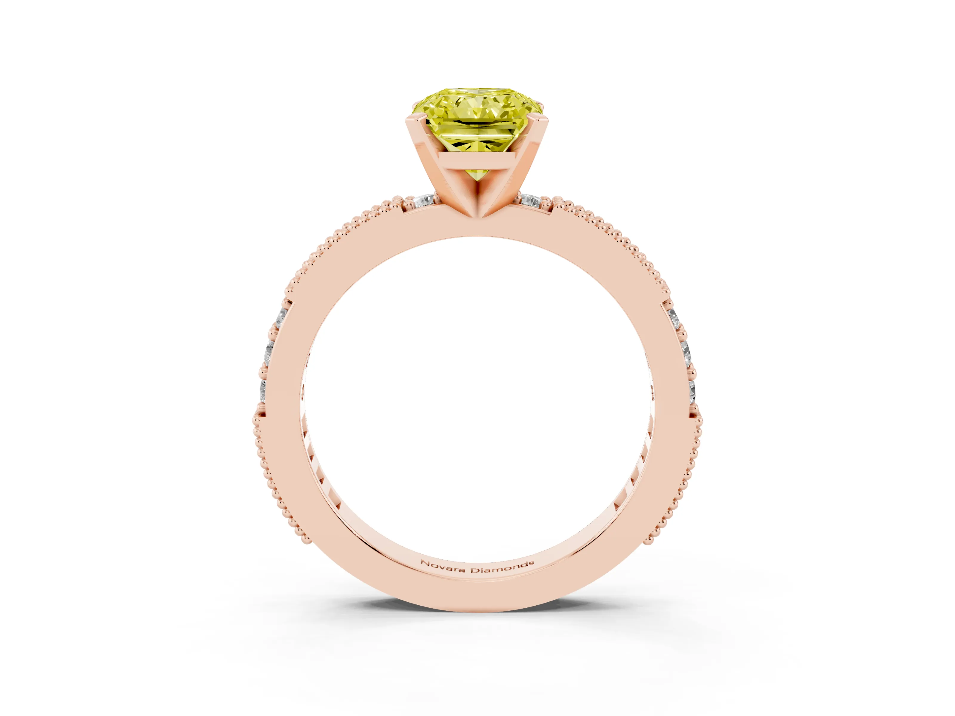 Fancy Yellow Radiant Cut Diamond Solitaire Ring Set in Rose gold with Slim Pavé Band and Prong Setting