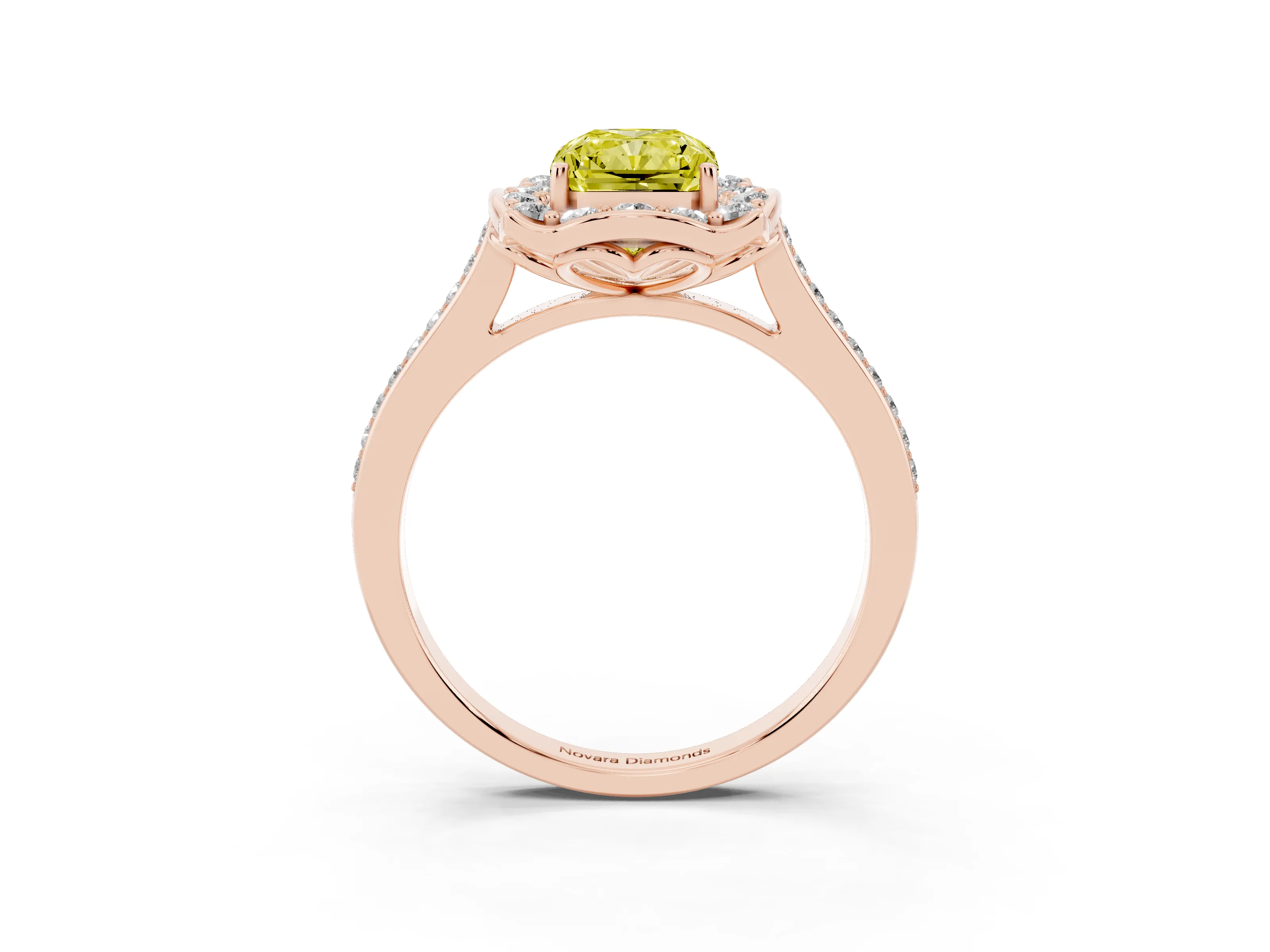 Fancy Yellow Radiant Cut Diamond Halo Ring Set in Rose gold with Pavé-Lined Shoulders and Prong Setting