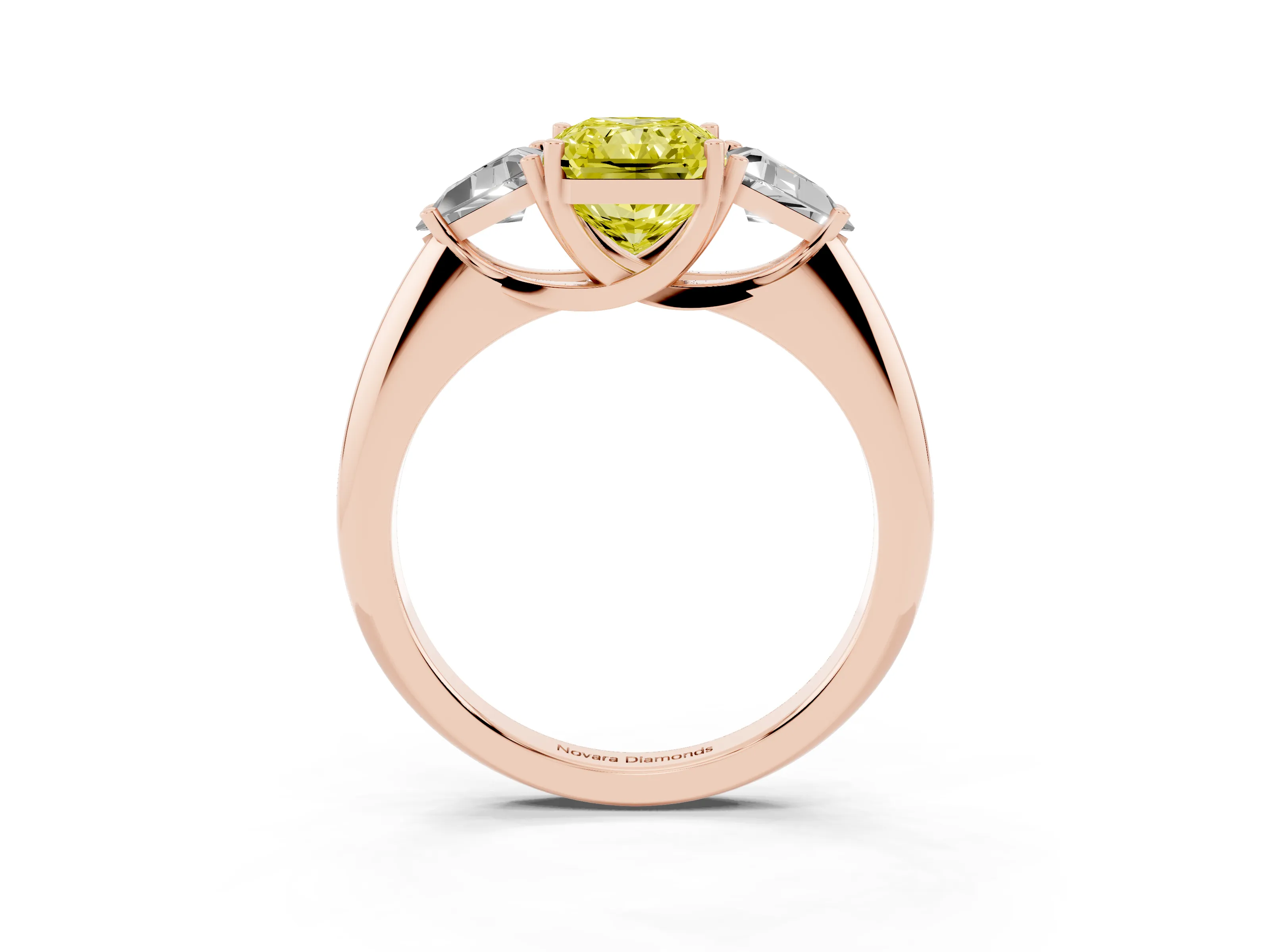 Fancy Yellow Radiant Cut Diamond Three-Stone Engagement Ring Set in Rose gold with Trillion Side Stones