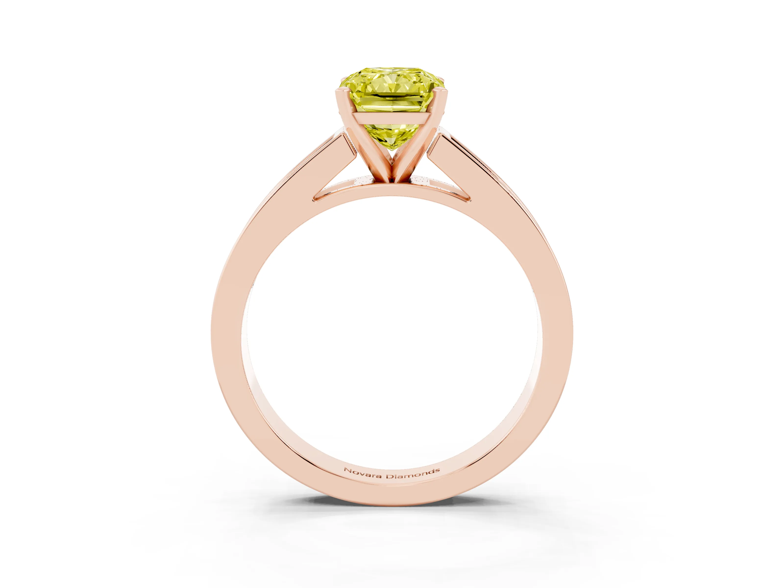 Fancy Yellow Radiant Cut Diamond Solitaire Ring Set in Rose gold with Channel-Set Band and Prong Setting