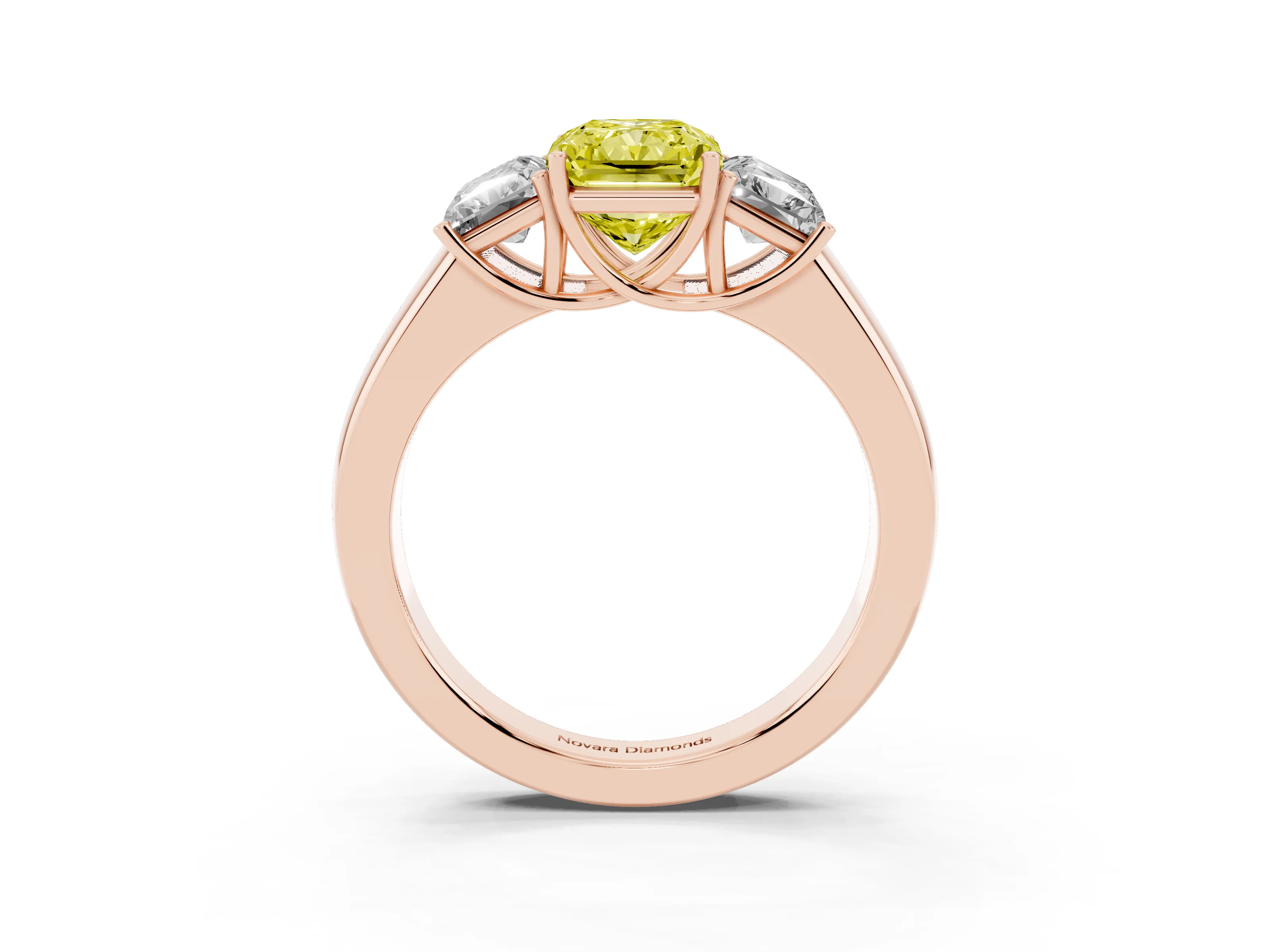 Fancy Yellow Three-Stone Radiant Cut Diamond Ring Set in Rose gold with Matching Prong Settings and Plain Band