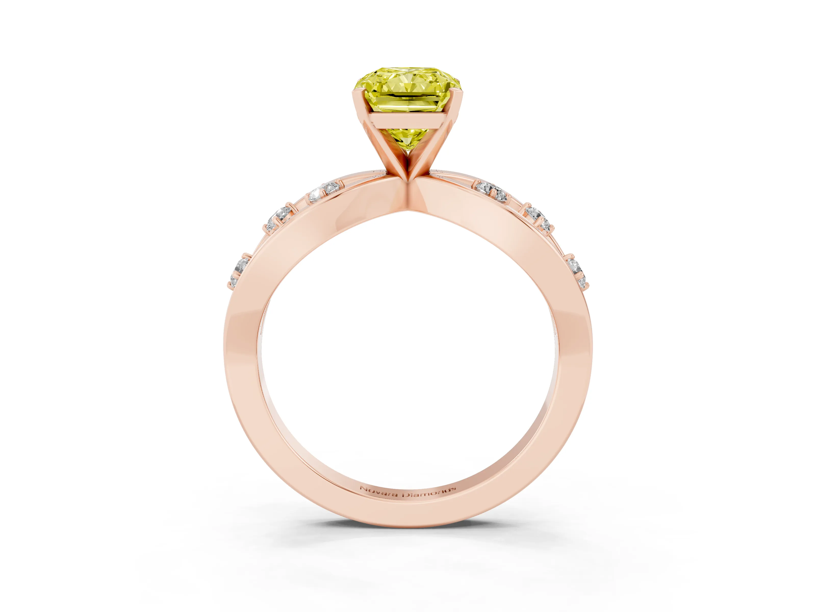 Fancy Yellow Radiant Cut Diamond Solitaire Ring Set in Rose gold with Side Stones on Criss-Cross Band and Prong Setting