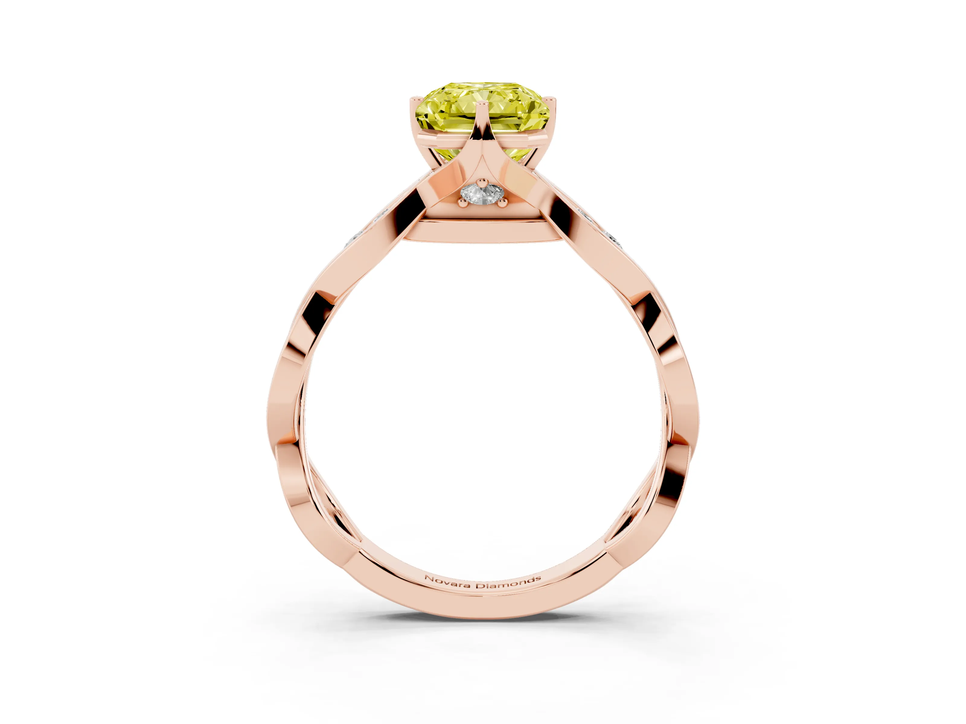 Fancy Yellow Radiant Cut Diamond Twist Band Solitaire Ring Set in Rose gold with Leaf Prong Setting and Accent Stones