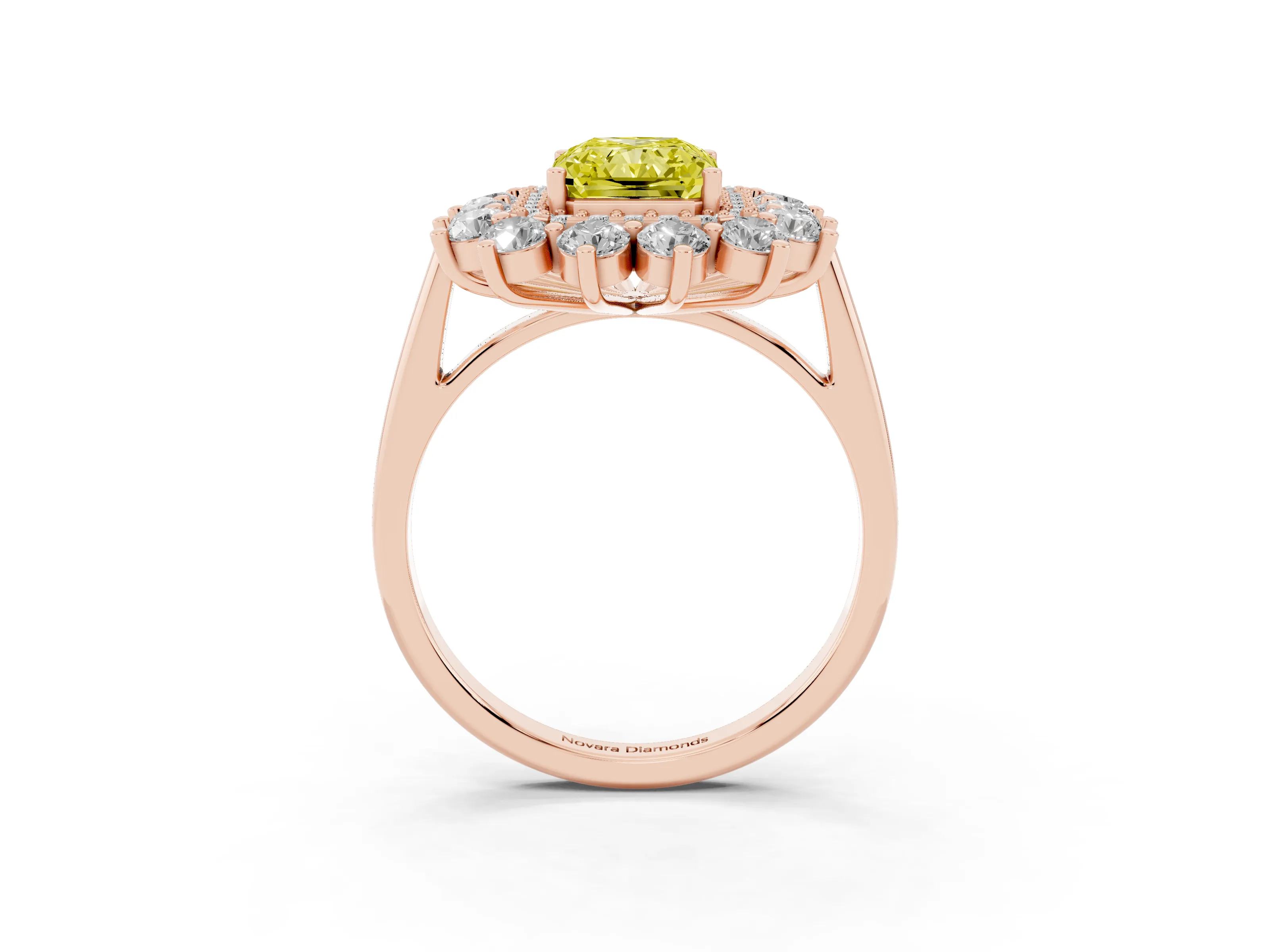 Fancy Yellow Radiant Cut Diamond Floral Double Halo Ring Set in Rose gold with Round Petals