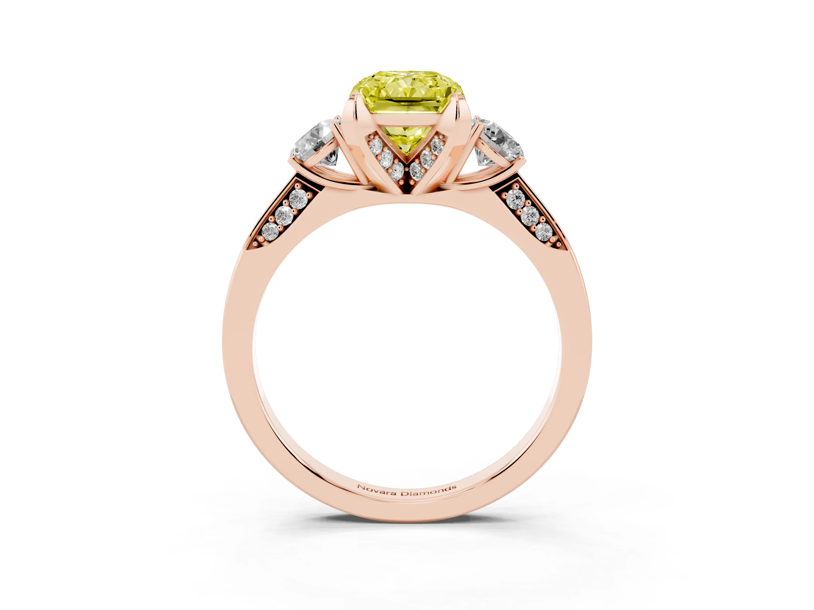 Fancy Yellow Radiant Cut Diamond Three-Stone Ring Set in Rose gold with Pavé Band and Smaller Side Stones