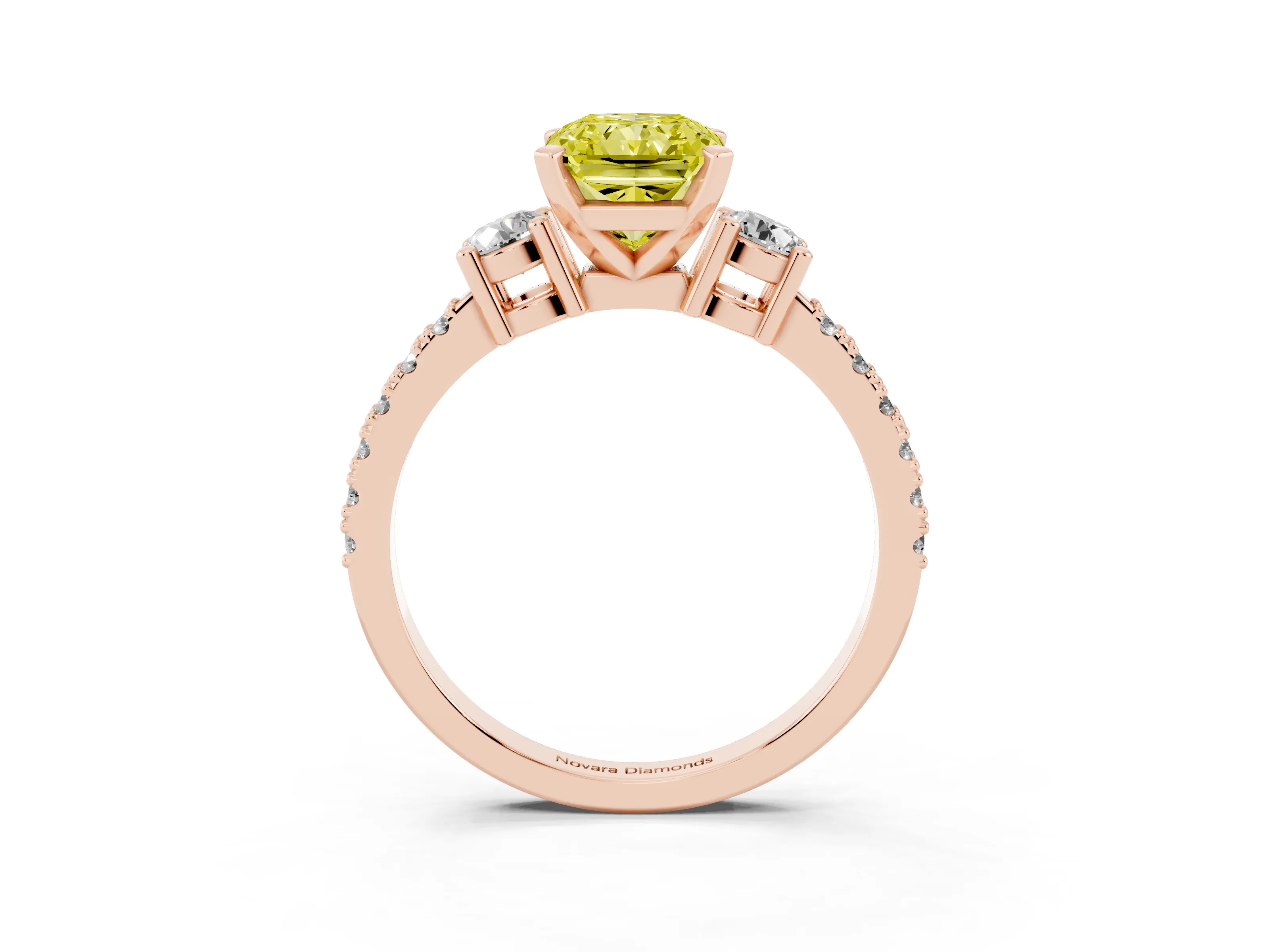 Fancy Yellow Three-Stone Radiant Cut Diamond Pavé Band Ring Set in Rose gold with Prong Setting