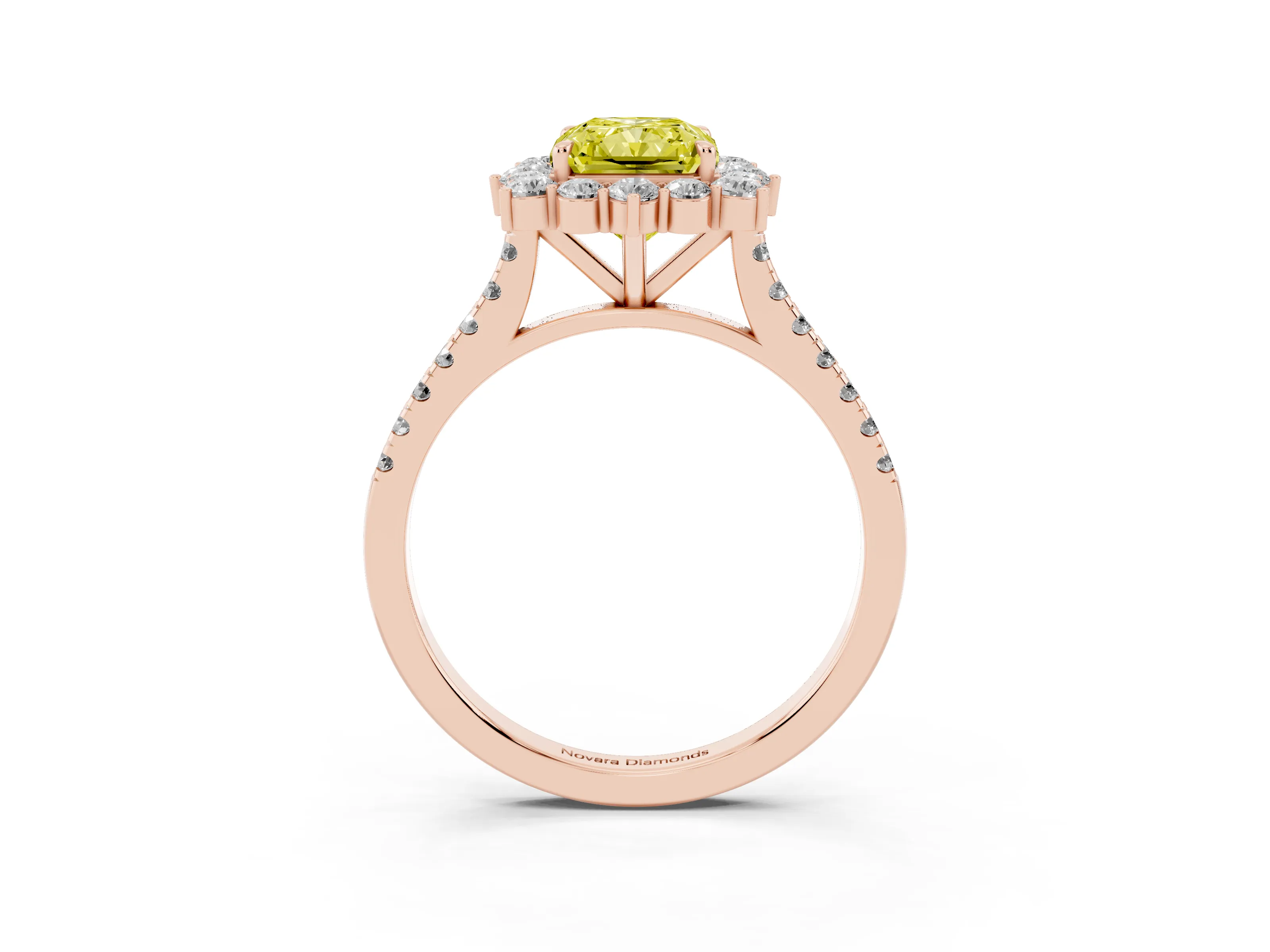 Fancy Yellow Radiant Cut Diamond Halo Ring Set in Rose gold with Pavé Band and Prong Setting