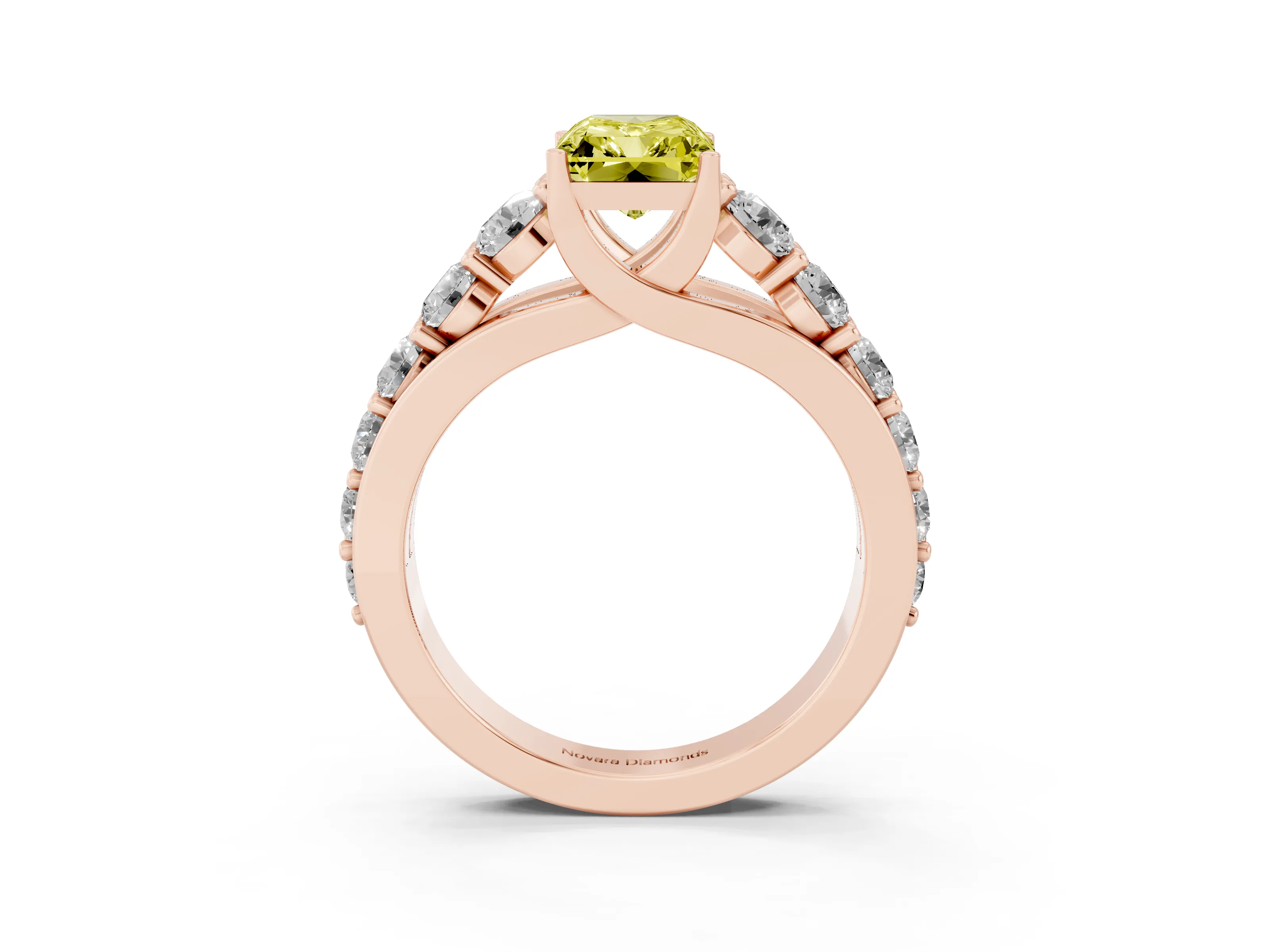 Fancy Yellow Radiant Cut Diamond Pavé Engagement Ring Set in Rose gold with Prong Setting