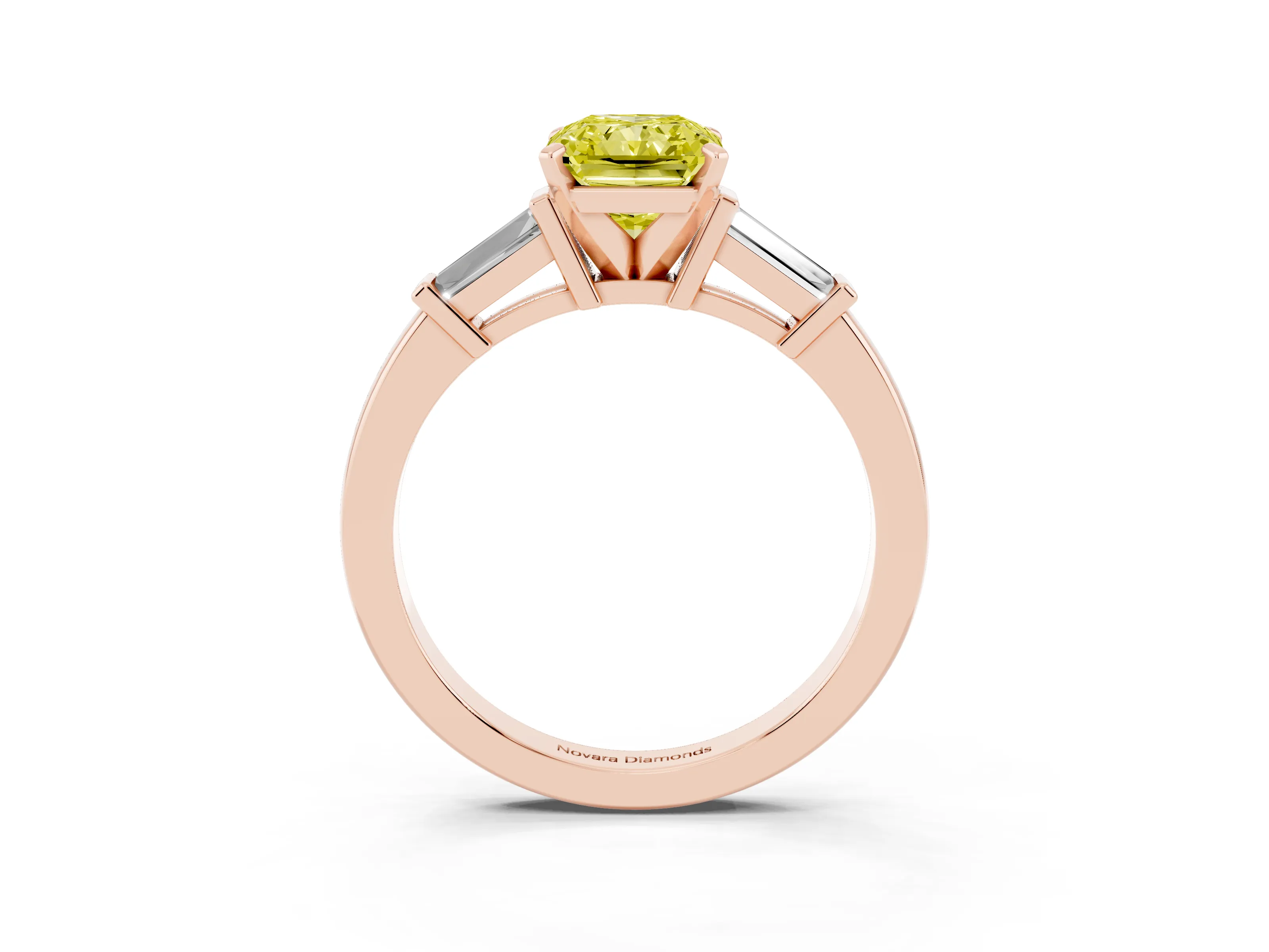Fancy Yellow Radiant Cut Diamond Solitaire Ring Set in Rose gold with Tapered Baguette Accents and Prong Setting