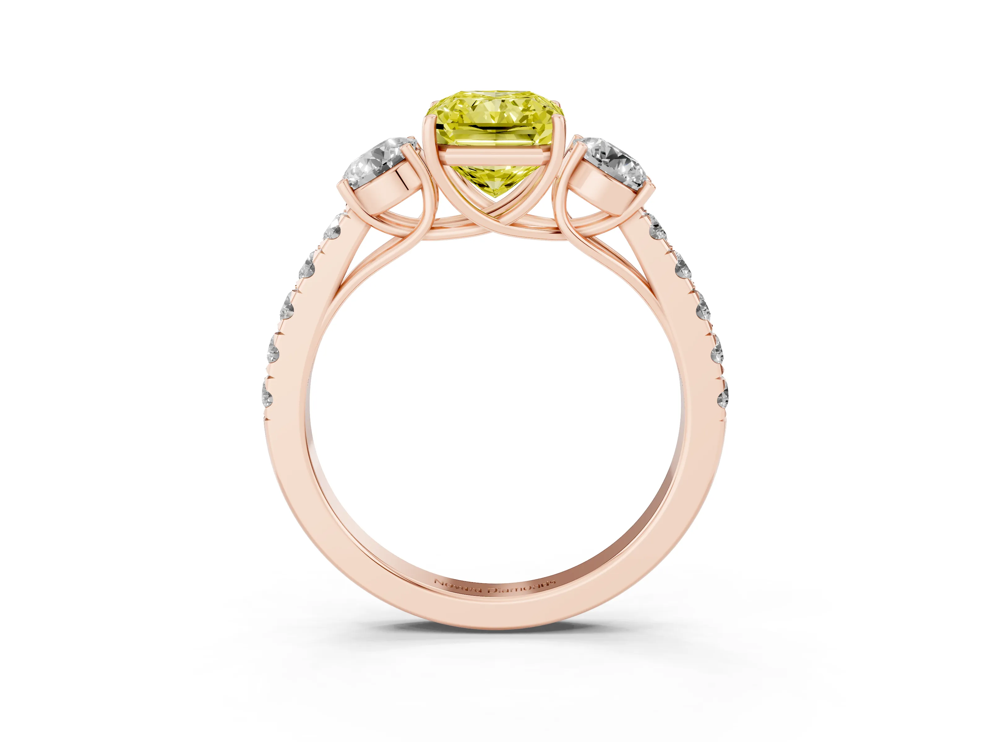 Fancy Yellow Radiant Cut Diamond Three-Stone Ring Set in Rose gold with Round Side Stones and Delicate Pavé Band
