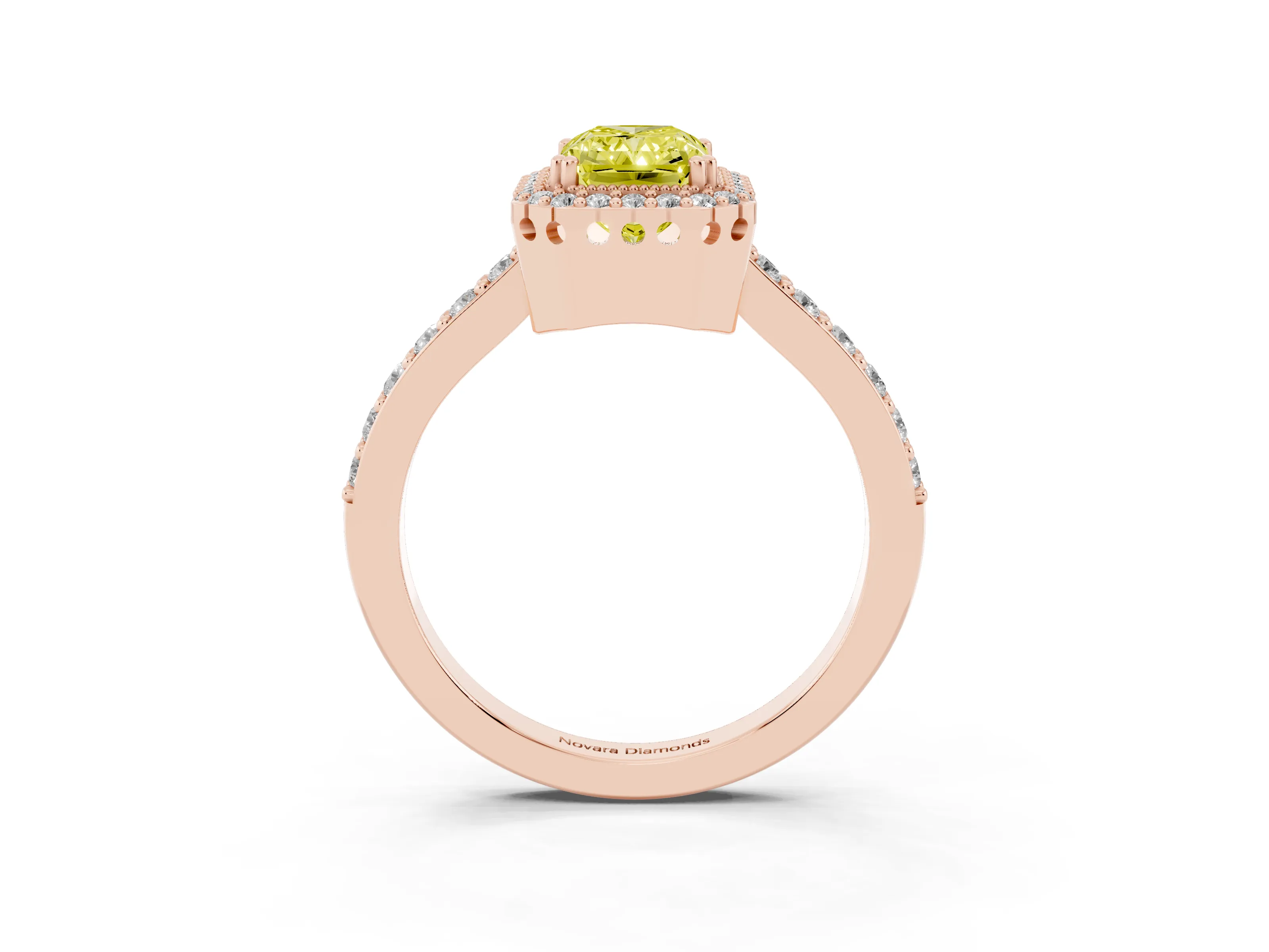 Fancy Yellow Radiant Cut Diamond Halo Engagement Ring Set in Rose gold with Milgrain Detail and Pavé Band