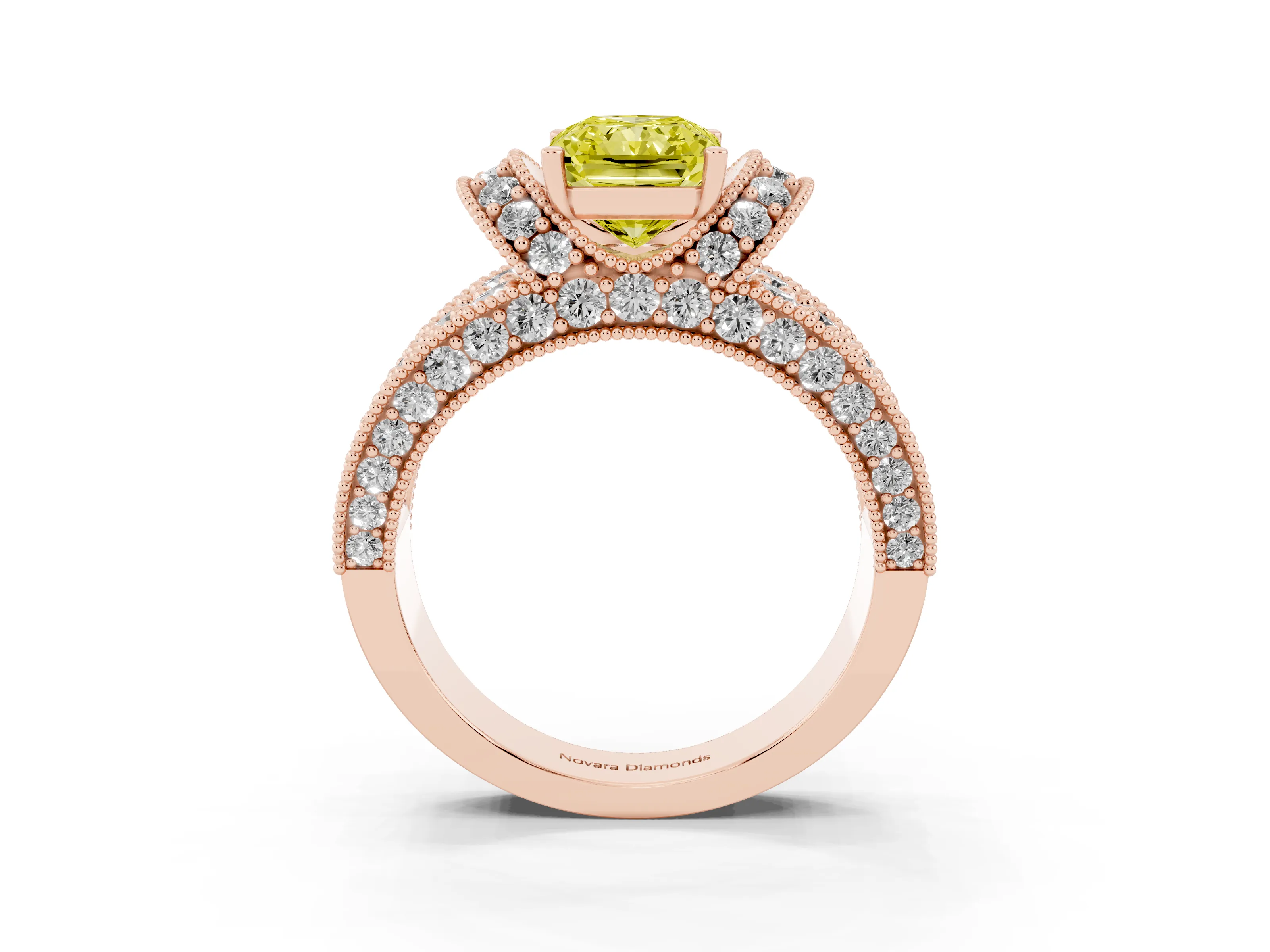 Fancy Yellow Radiant Cut Diamond Milgrain Halo Pavé Engagement Ring Set in Rose gold with Prong Setting