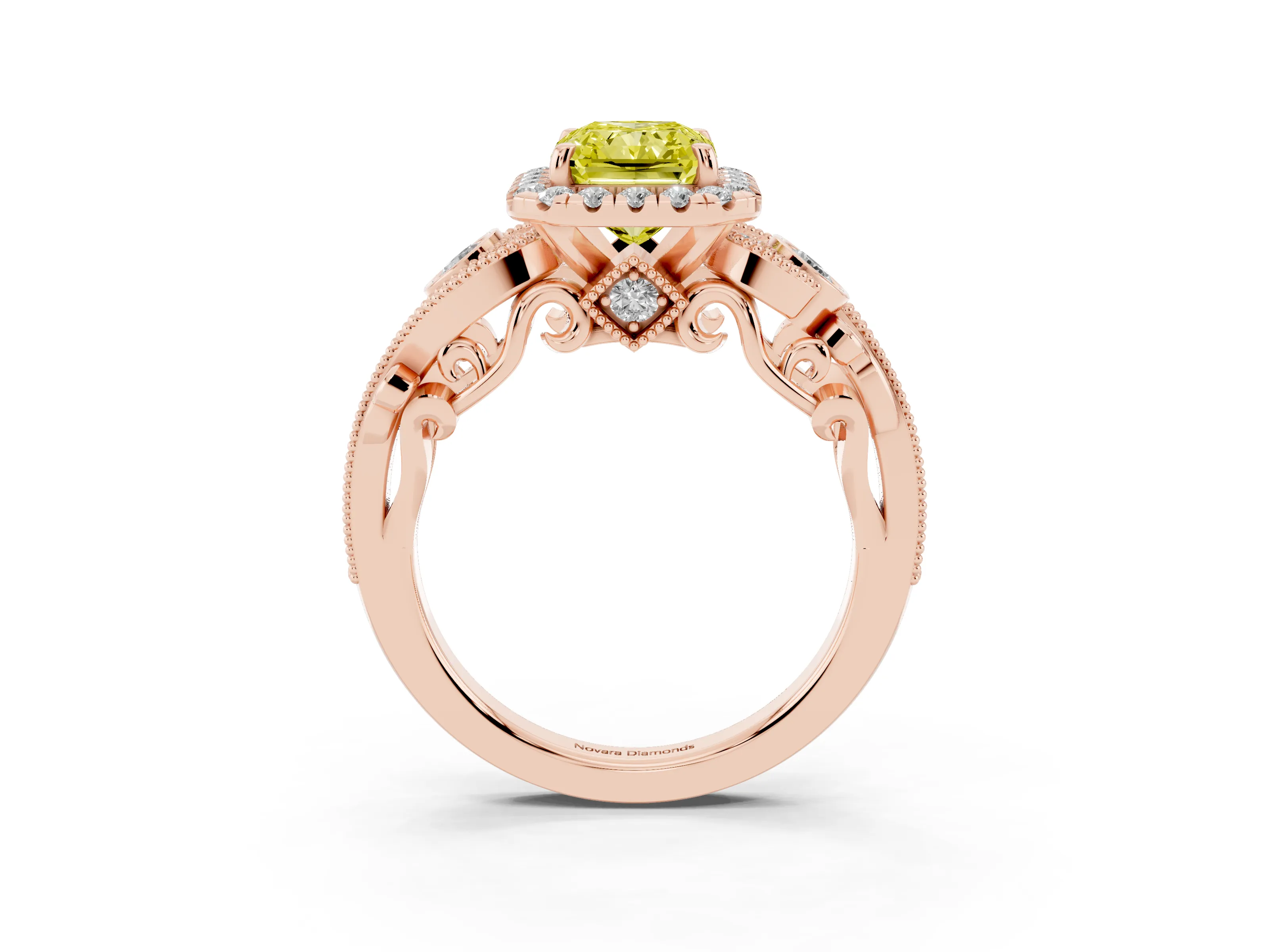 Fancy Yellow Radiant Cut Diamond Halo Ring Set in Rose gold with Milgrain Pavé Band and Prong Setting