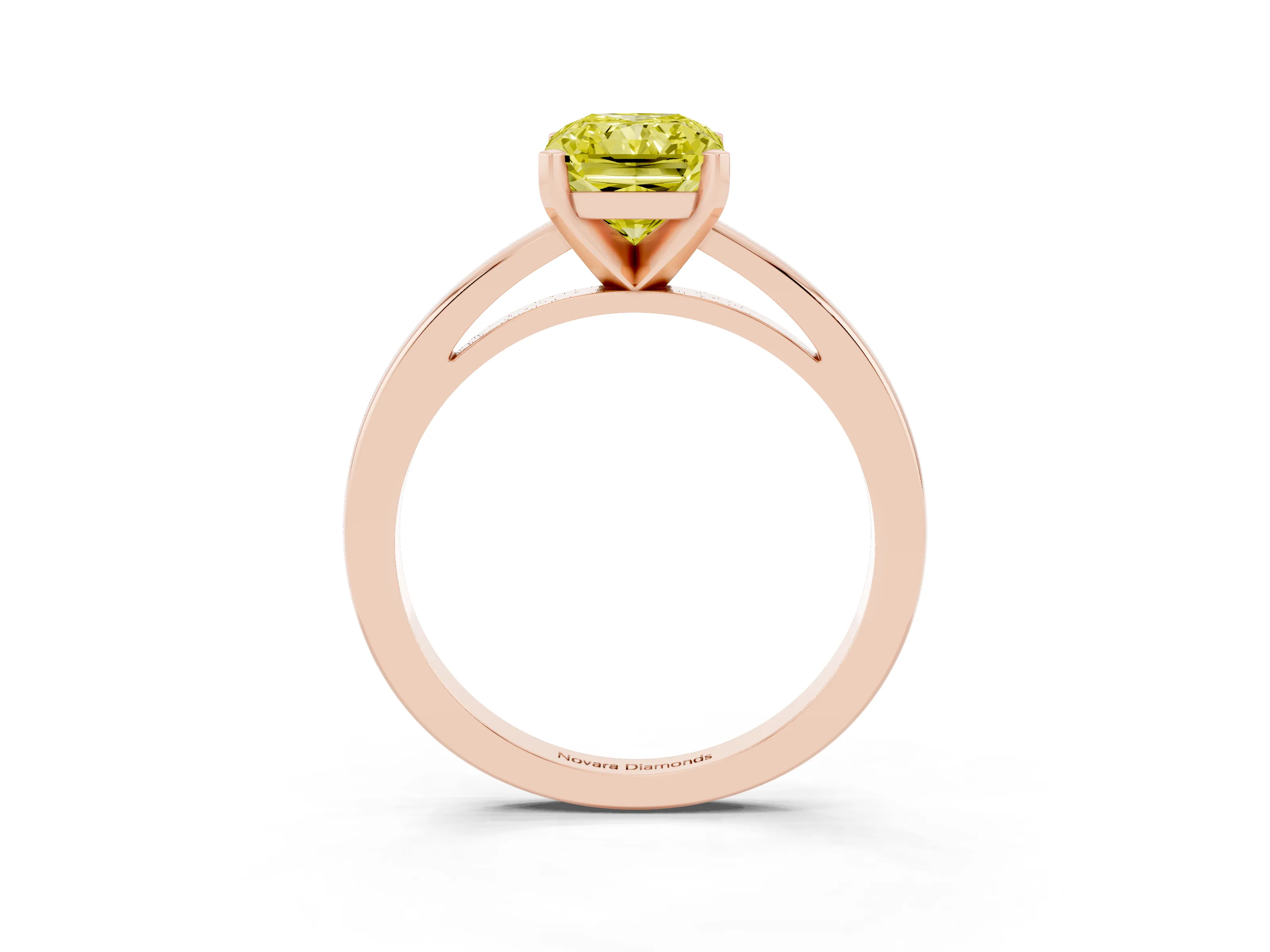 Fancy Yellow Radiant Cut Diamond Solitaire Engagement Ring Set in Rose gold with Prong Setting on a Classic Band