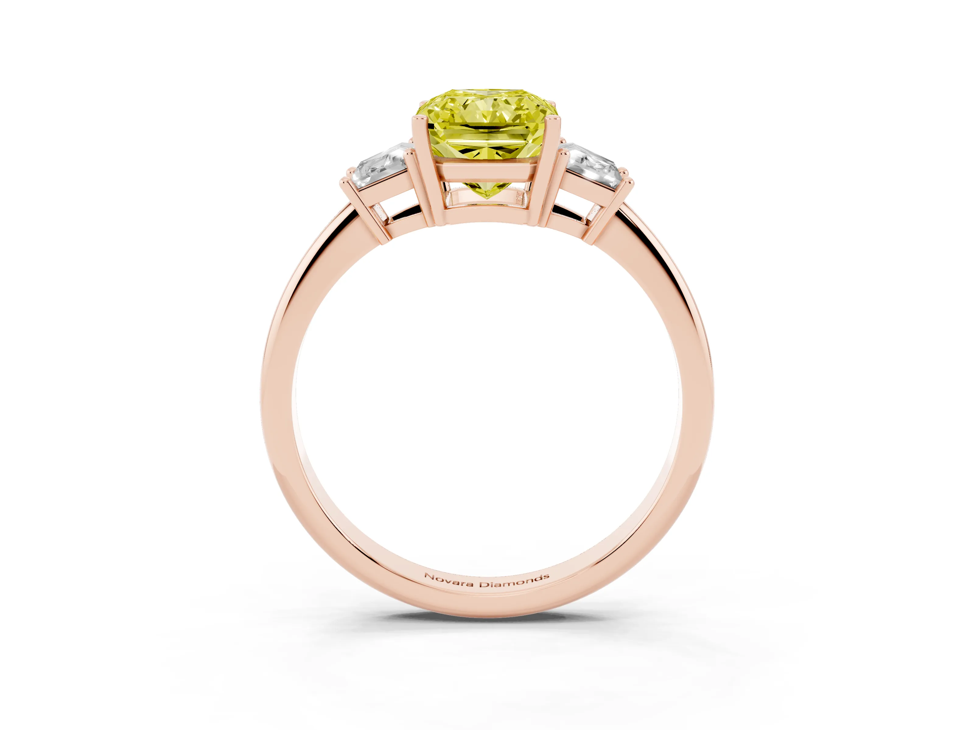Fancy Yellow Radiant Cut Diamond Three-Stone Ring Set in Rose gold with Trapezoid Side Stones and Prong Setting