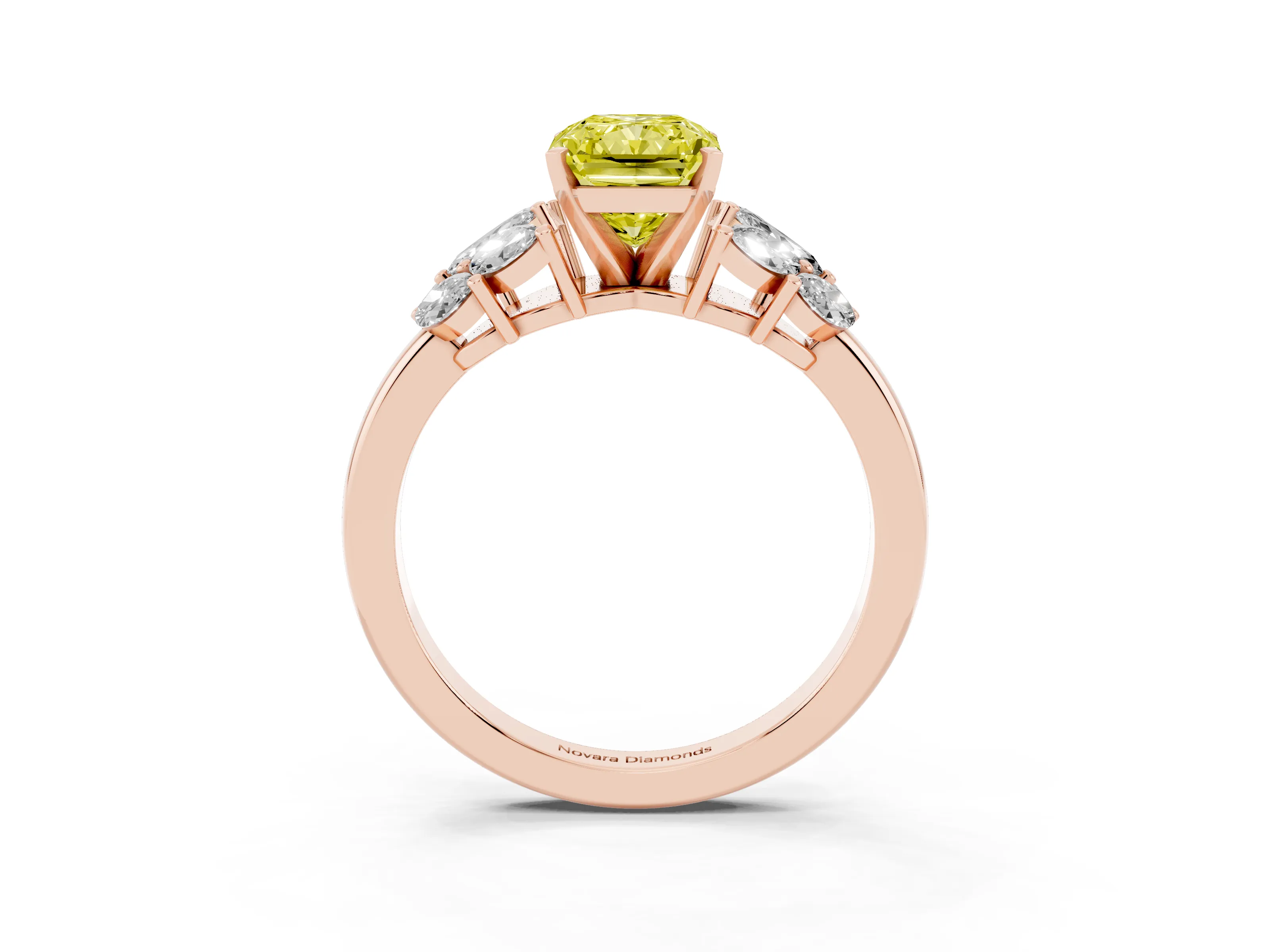 Fancy Yellow Radiant Cut Diamond Cluster Leaf Design Ring Set in Rose gold with Prong Setting
