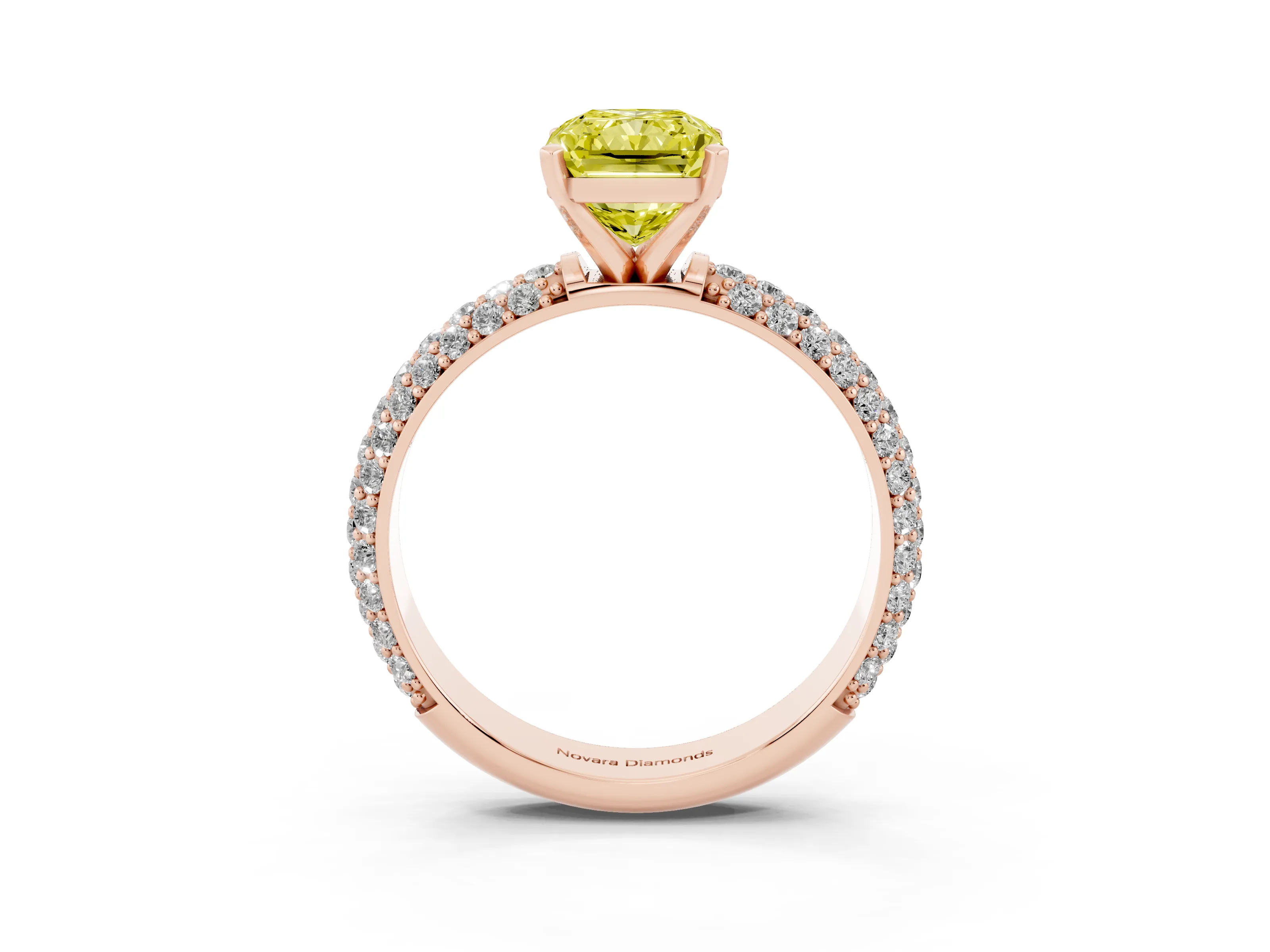 Fancy Yellow Radiant Cut Diamond Solitaire Ring Set in Rose gold with Prong Setting and Pavé-Set Band