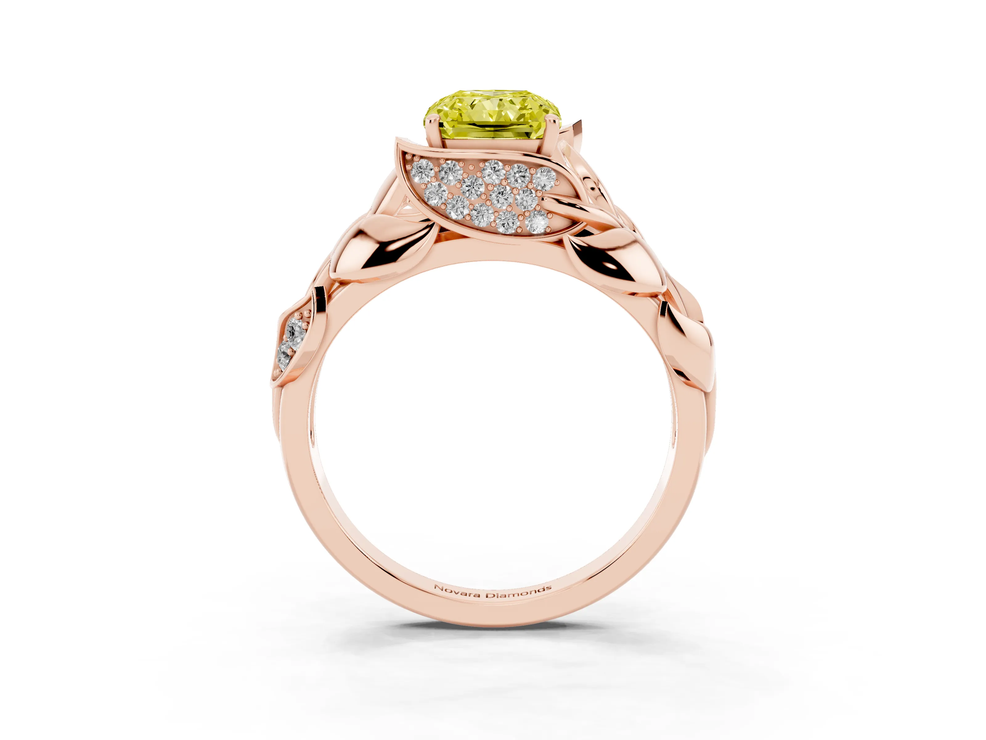 Fancy Yellow Radiant Cut Diamond Leaf-Inspired Engagement Ring Set in Rose gold with Round Accents