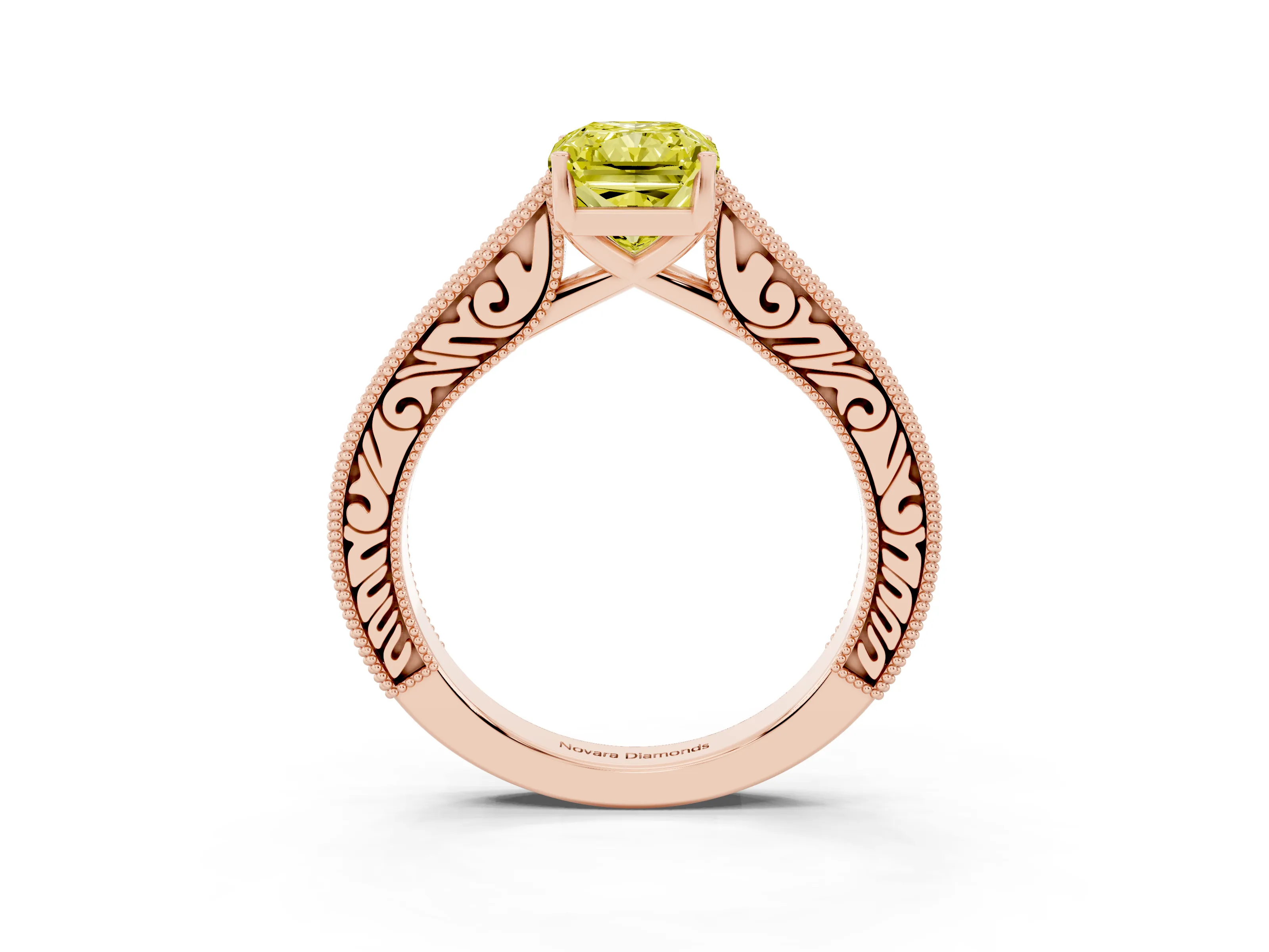 Fancy Yellow Radiant Cut Diamond Milgrain Pavé Band Solitaire Ring Set in Rose gold with Prong Setting