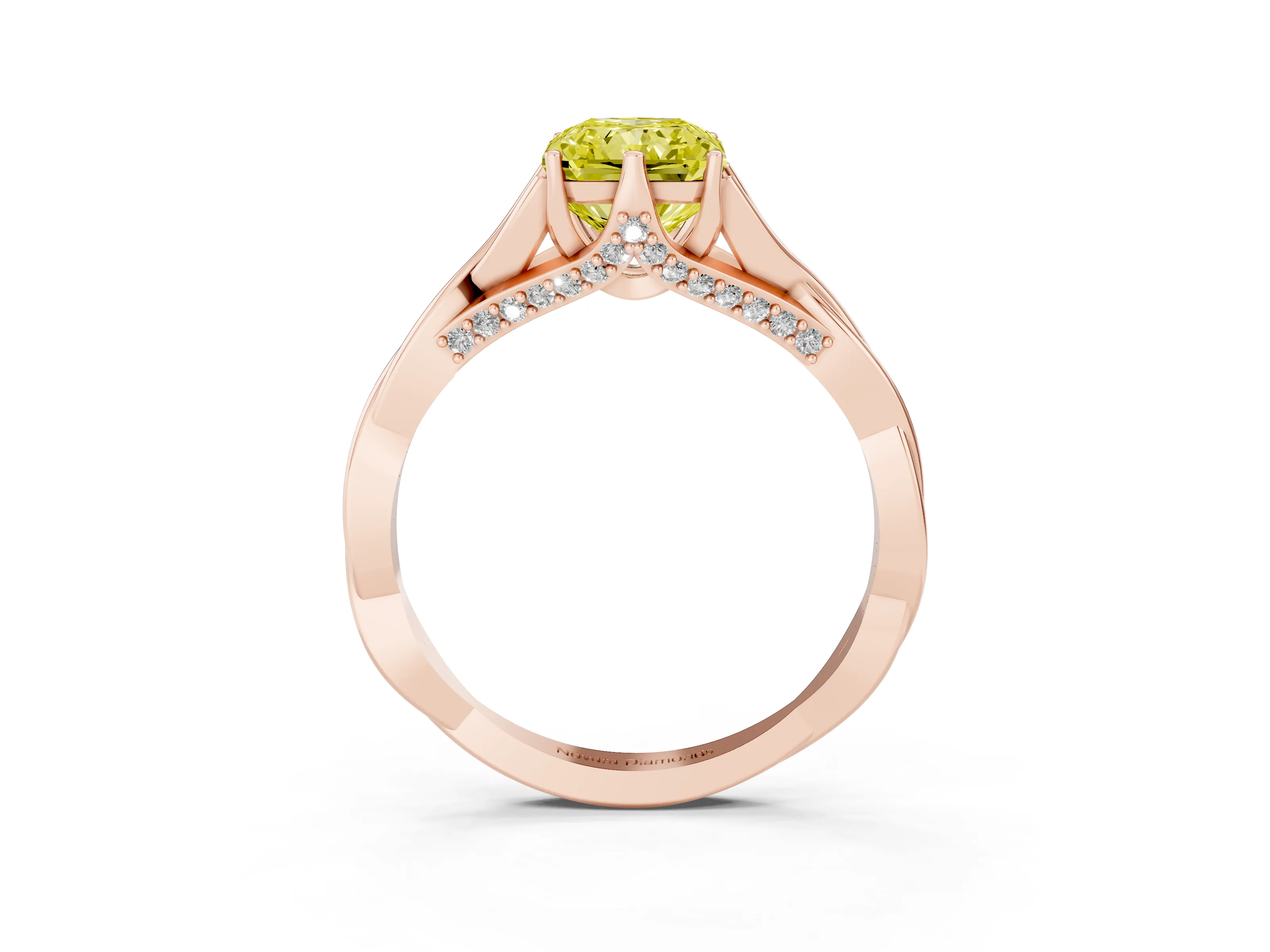 Fancy Yellow Radiant Cut Diamond Intertwined Twist Band Solitaire Ring Set in Rose gold with Prong Setting
