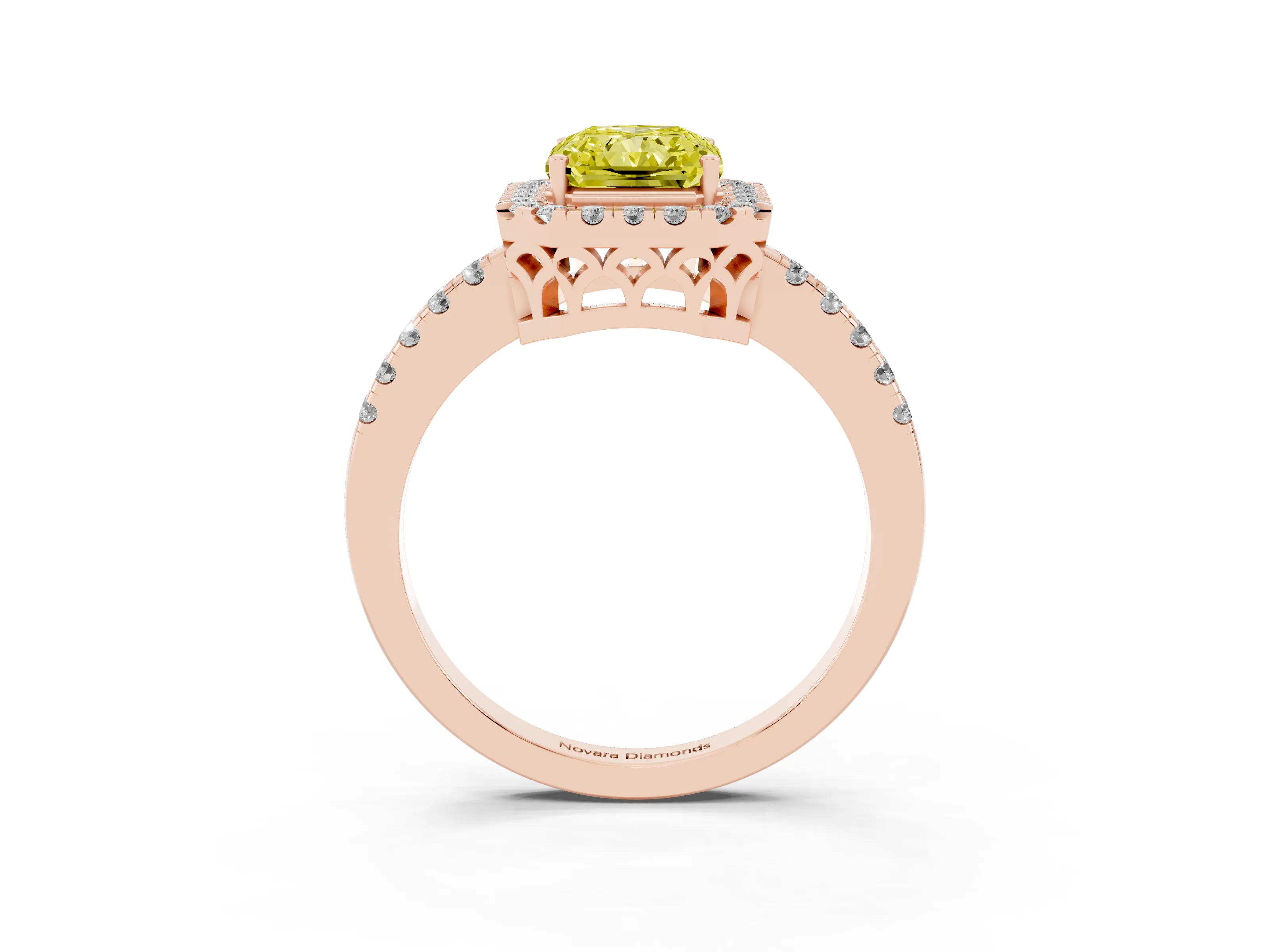 Fancy Yellow Radiant Cut Diamond Pavé Band Halo Engagement Ring Set in Rose gold with Prong Setting