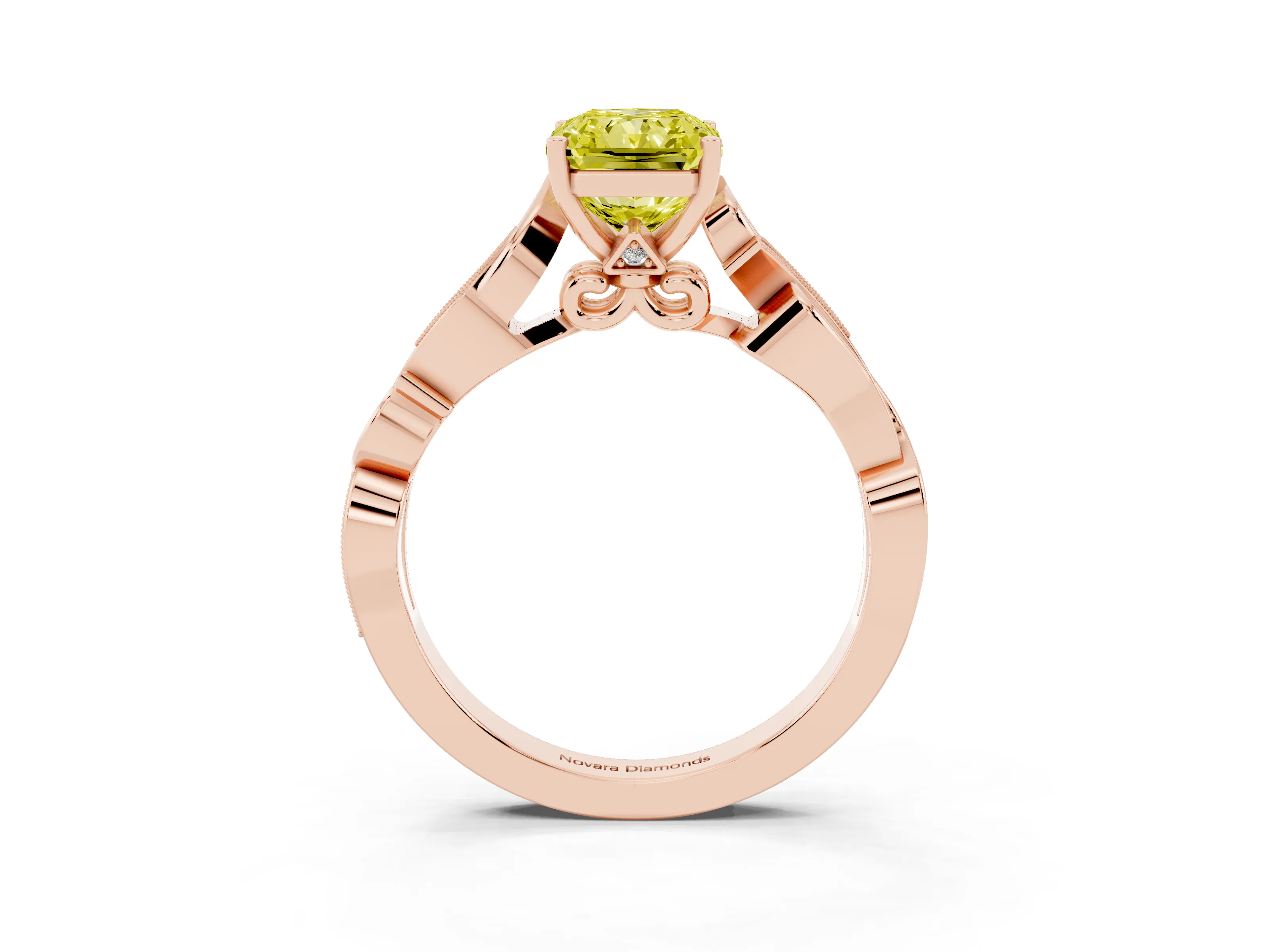 Fancy Yellow Radiant Cut Diamond Vine Band Solitaire Ring Set in Rose gold with Milgrain Prong Setting