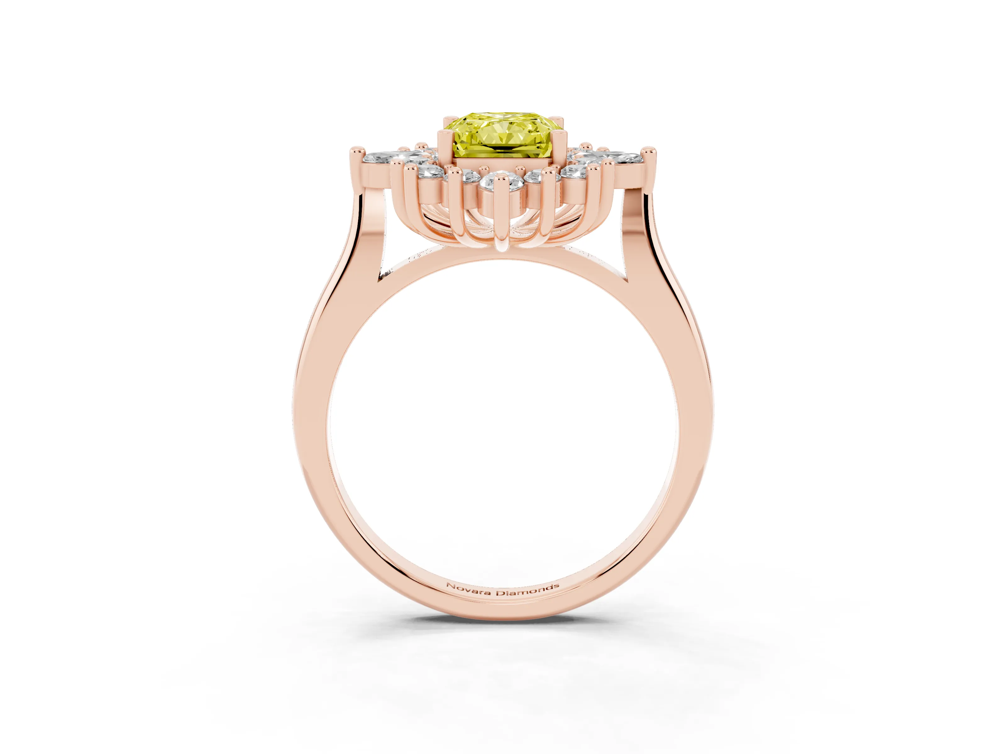 Fancy Yellow Radiant Cut Diamond Cluster Halo Ring Set in Rose gold with Marquise and Round Accents