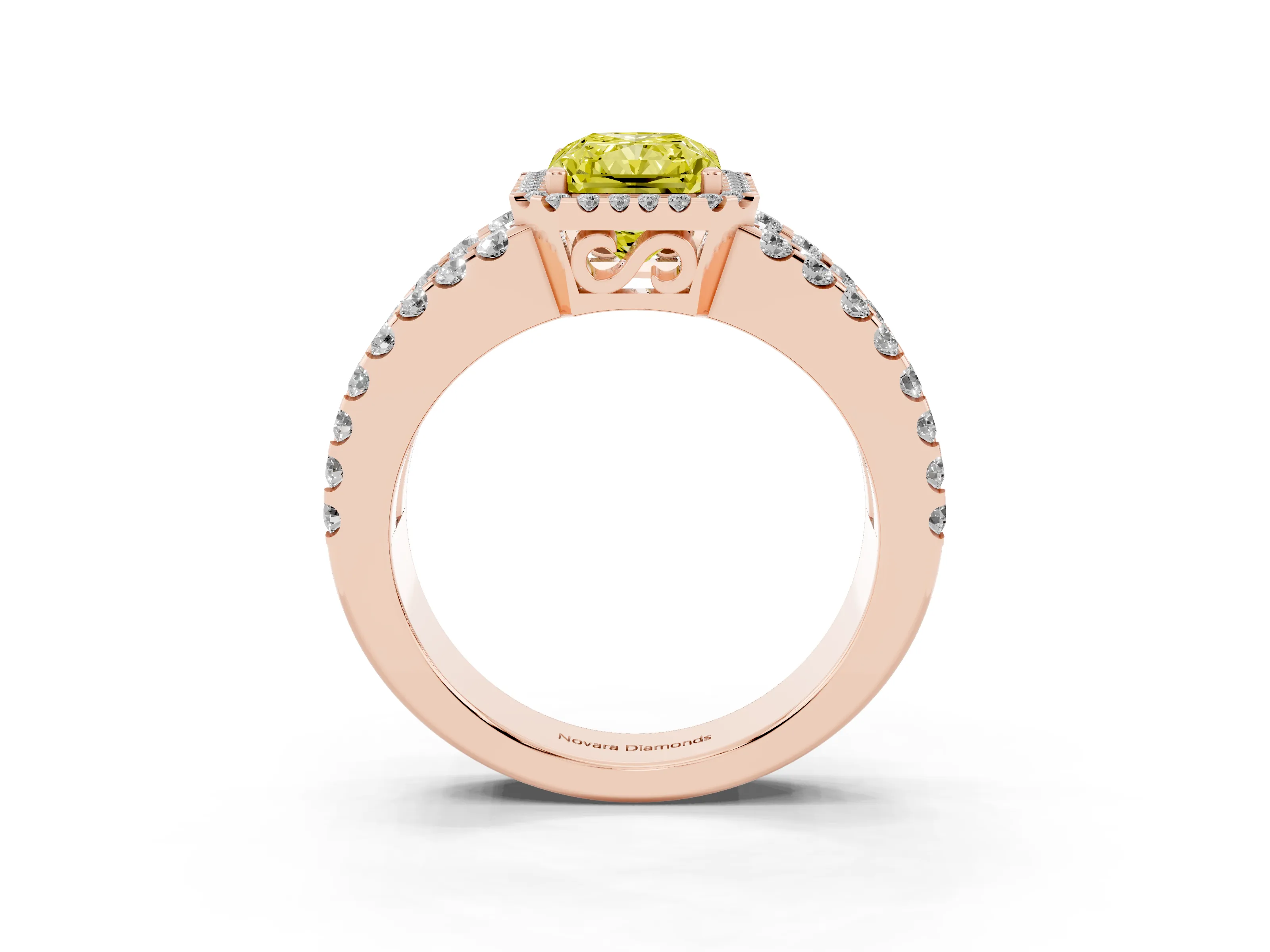 Fancy Yellow Radiant Cut Diamond Halo Ring Set in Rose gold with Pavé Split Shank and Prong Setting