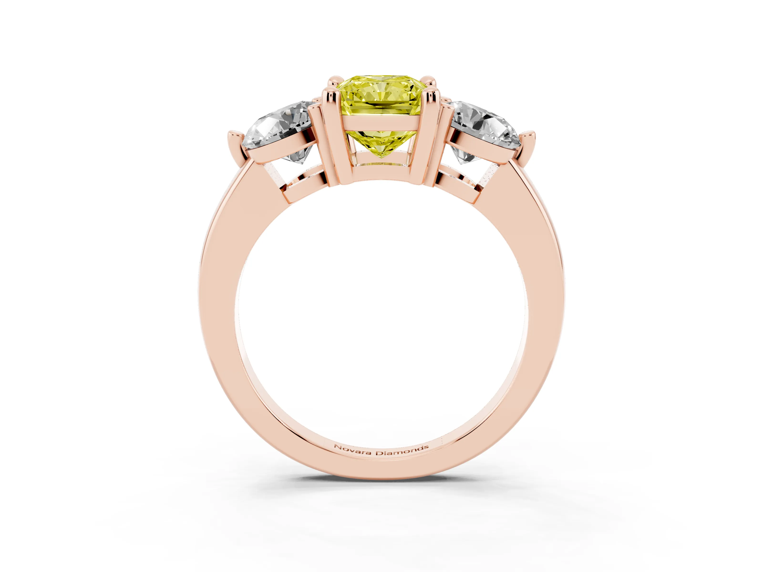 Fancy Yellow Radiant Cut Diamond Three-Stone Ring Set in Rose gold with Prong Setting and Classic Band