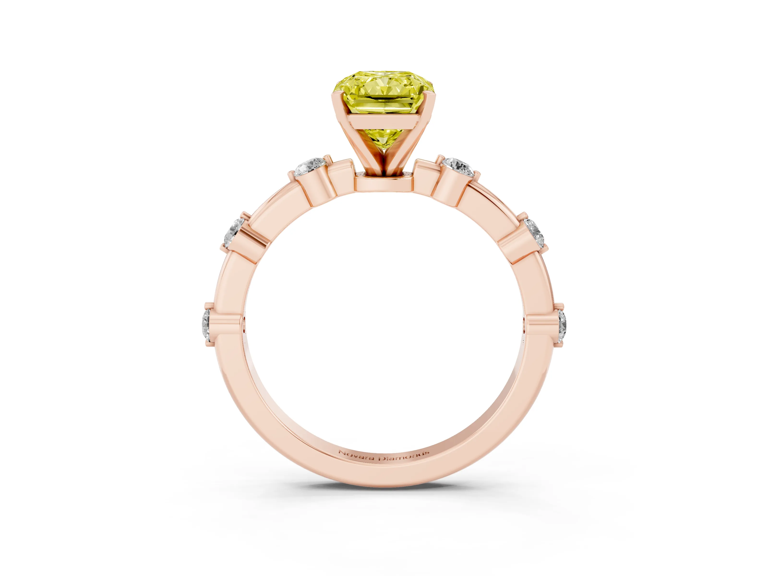 Fancy Yellow Radiant Cut Diamond Solitaire Ring Set in Rose gold with Bezel Set Side Stones and Prong Setting