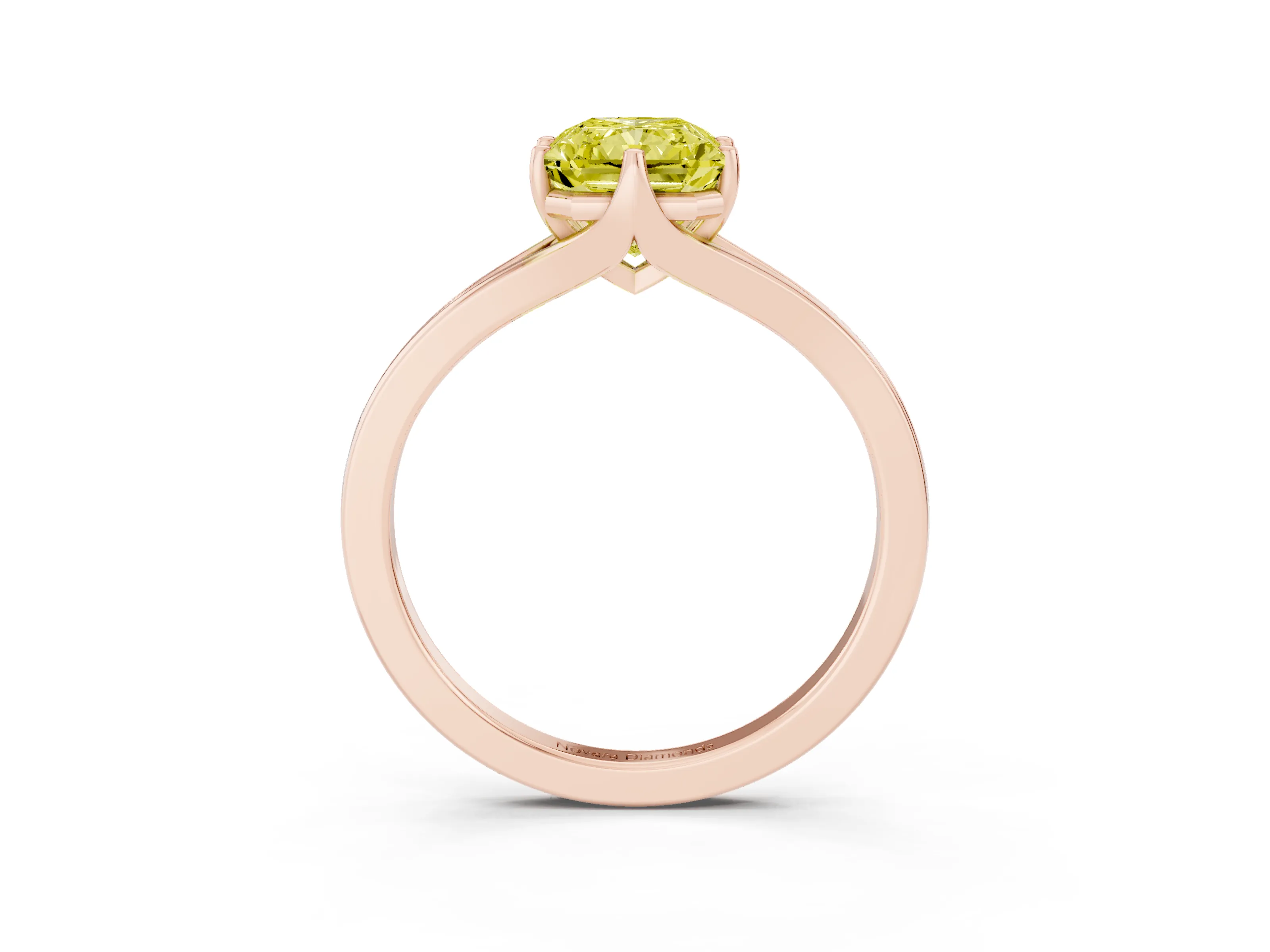 Fancy Yellow Radiant Cut Diamond Solitaire Ring Set in Rose gold with Polished Tapered Band and Prong Setting
