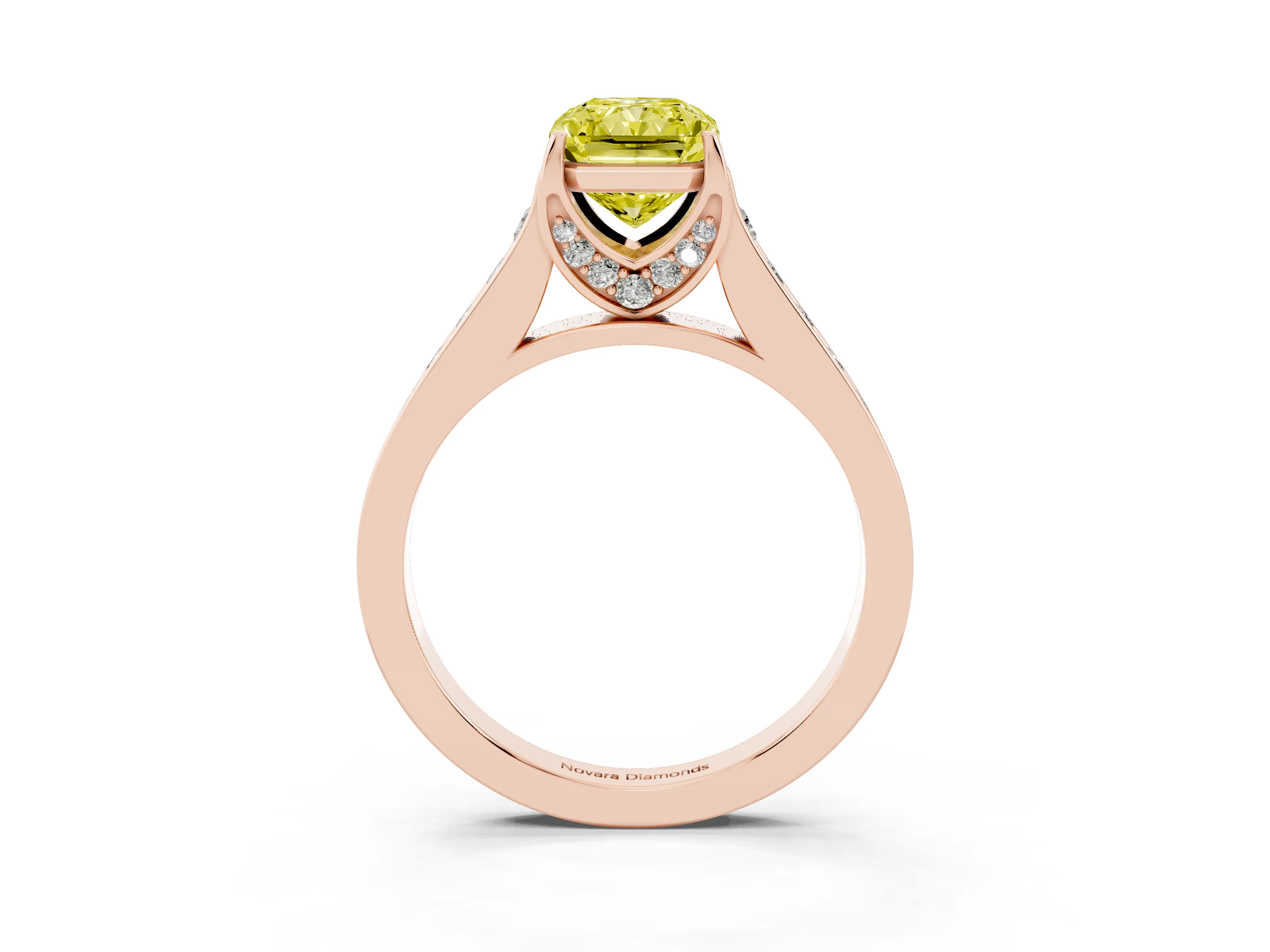 Fancy Yellow Radiant Cut Diamond Solitaire Pavé Engagement Ring Set in Rose gold with Prong Setting