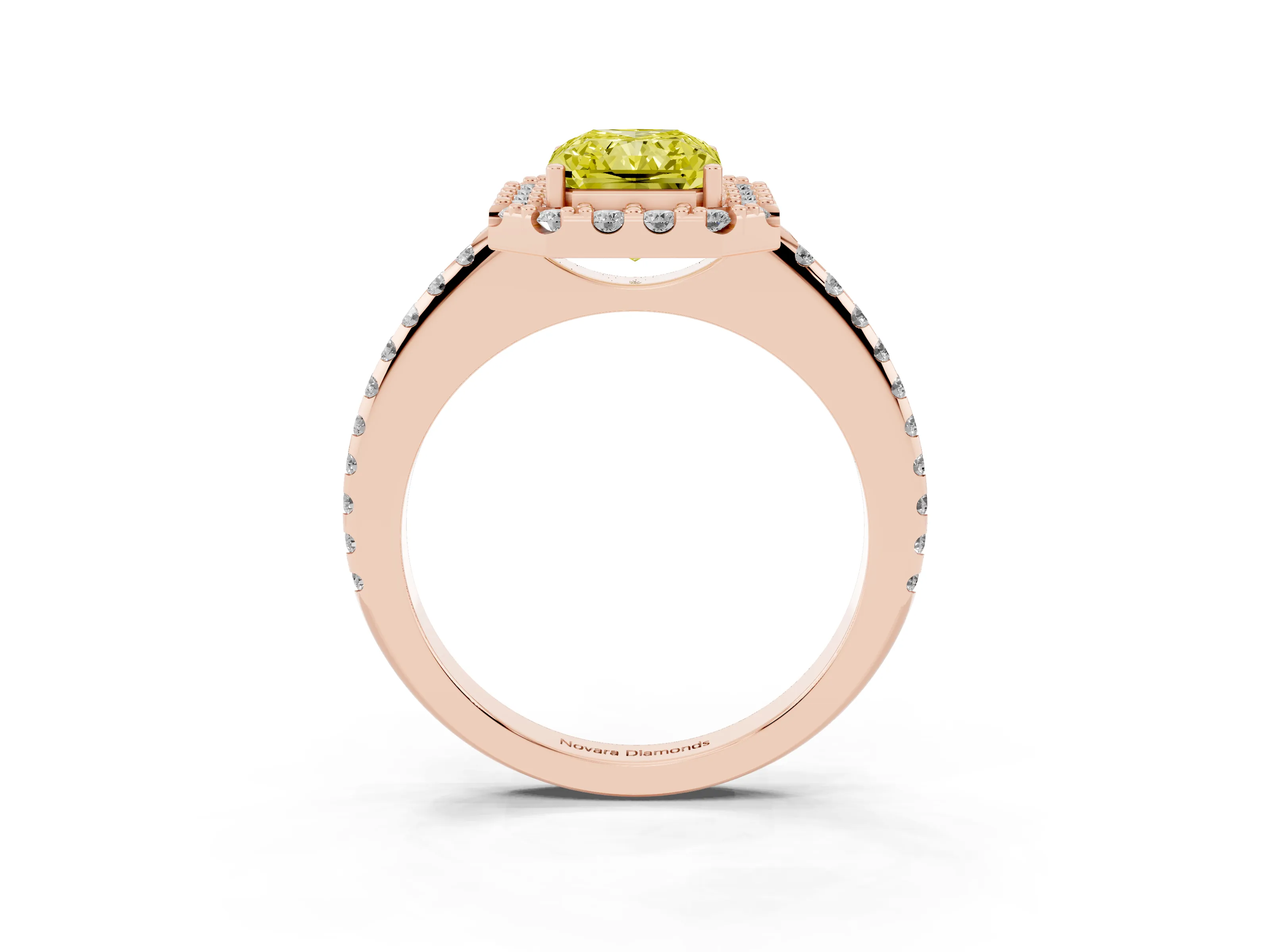 Fancy Yellow Radiant Cut Diamond Pavé Halo Ring Set in Rose gold with Prong Setting