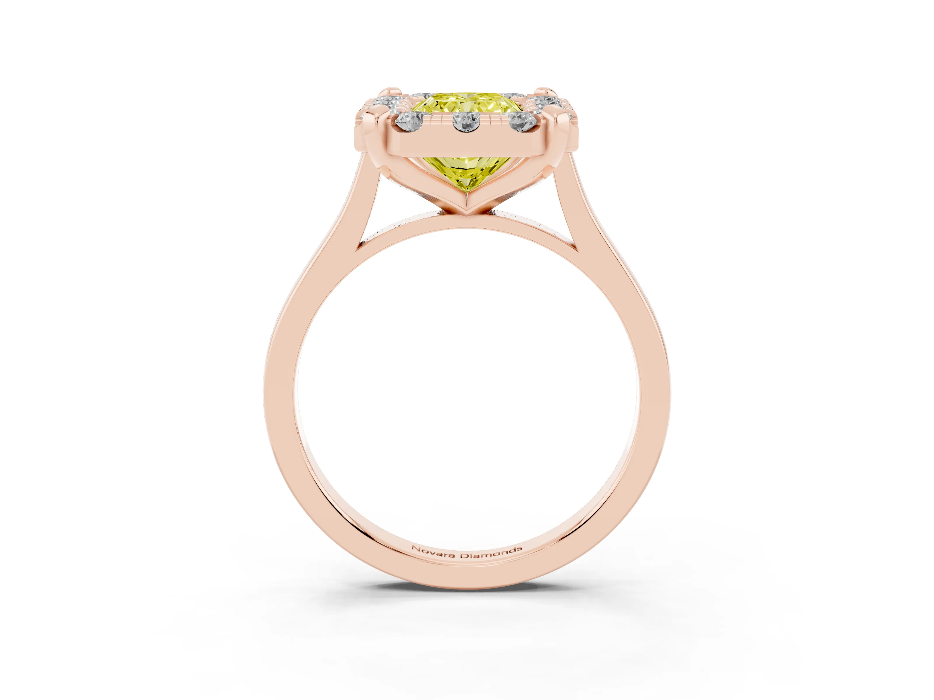 Fancy Yellow Radiant Cut Diamond Cluster Halo Solitaire Ring Set in Rose gold with Prong Setting