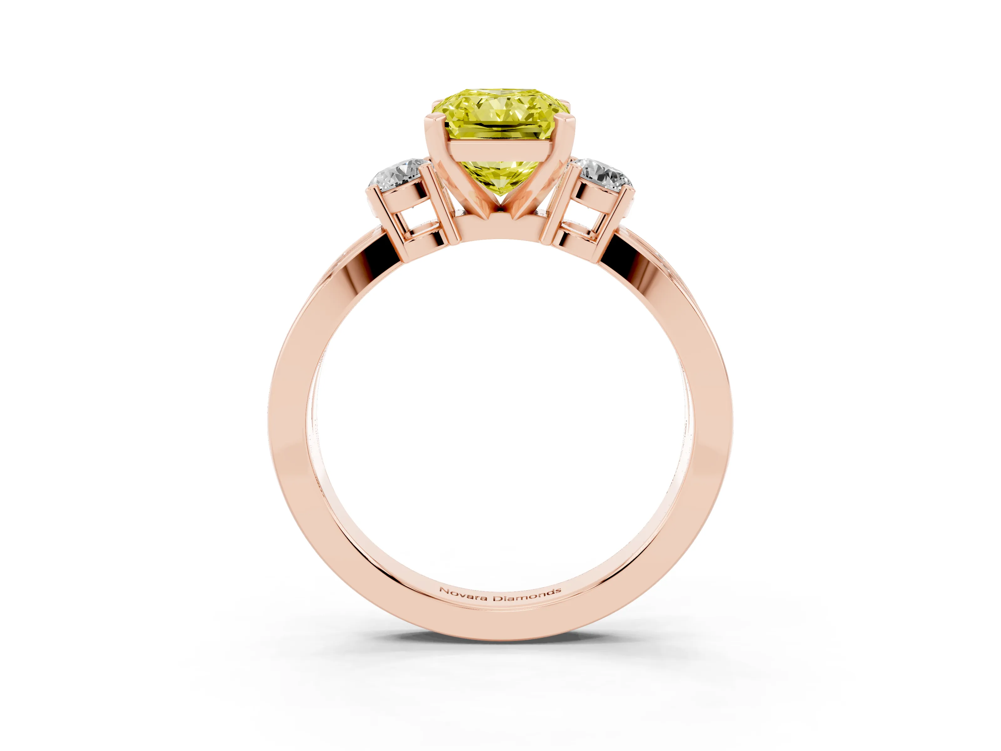 Fancy Yellow Three-Stone Radiant Cut Diamond Twist Band Ring Set in Rose gold with Pavé Accents and Prong Setting